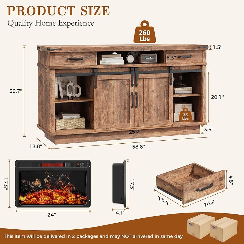 Jocoevol 58" Farmhouse Electric Fireplace TV Stand for TVs up to 65", Entertainment Center with 2 Large Storage Drawers, Sliding Barn Doors, Adjustable Shelves, TV Console for Living Room - Brown image 5