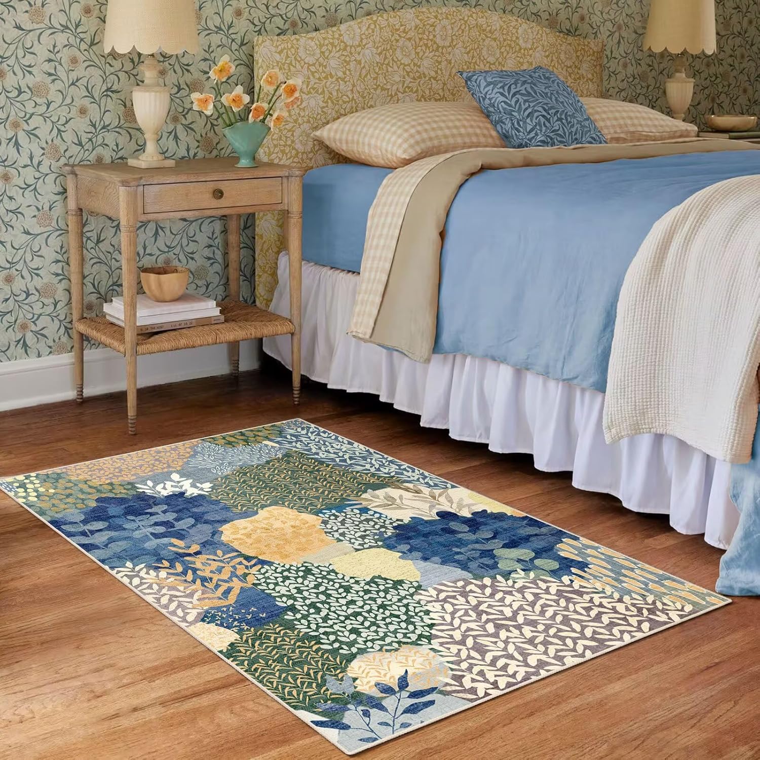 DEXDE 2x3 Area Rug, Small Boho Rugs Entryway Doormat Indoor Machine Washable Non-Slip Abstract Botanical Leaves Floral Print Floor Carpet for Living Room, Bedroom, Office, Kids Playroom,Blue