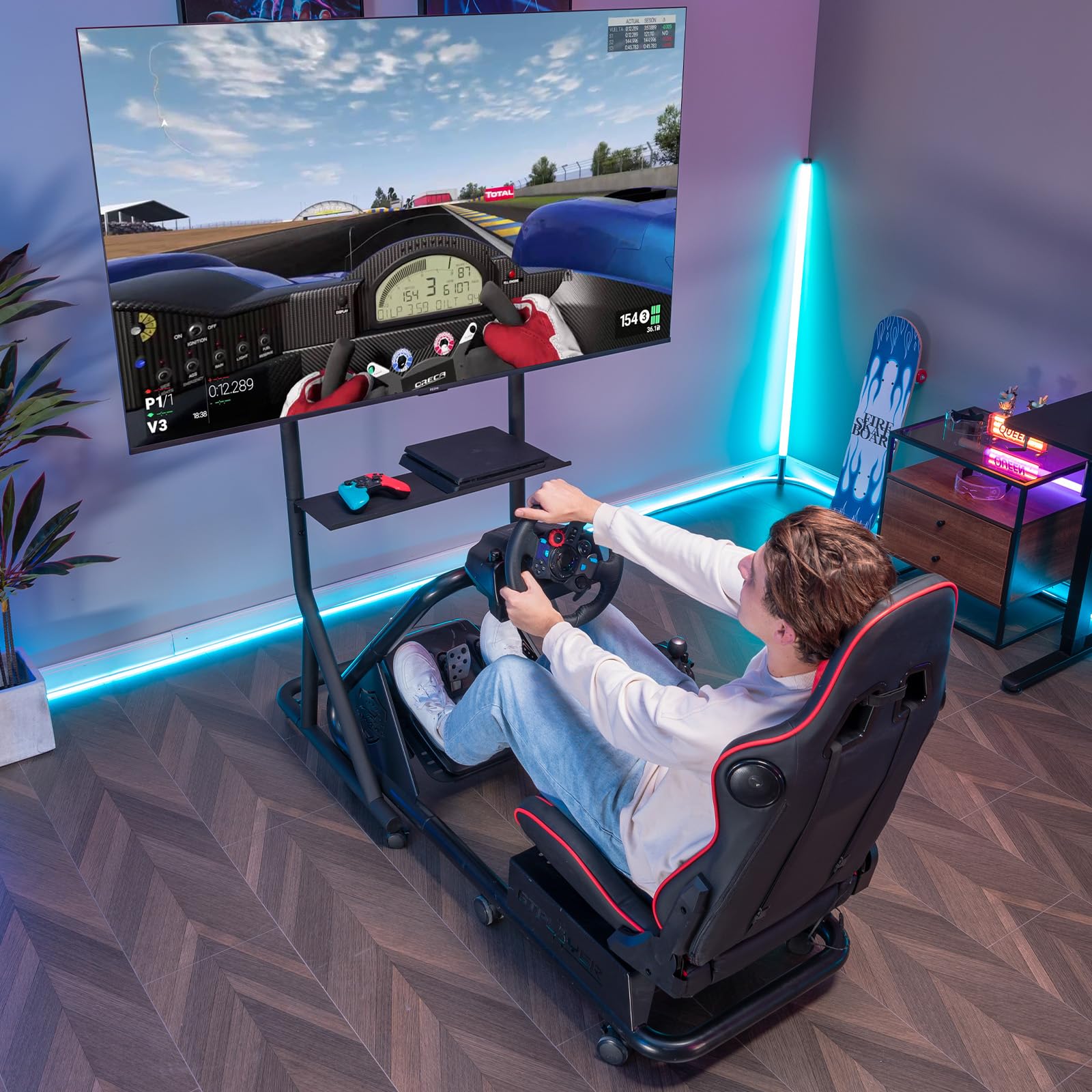 GTPLAYER Supporto per monitor da simulatore di guida , regolabile in altezza con ruote per TV e monitor da 32-65 pollici, supporto per monitor da simulatore di guida