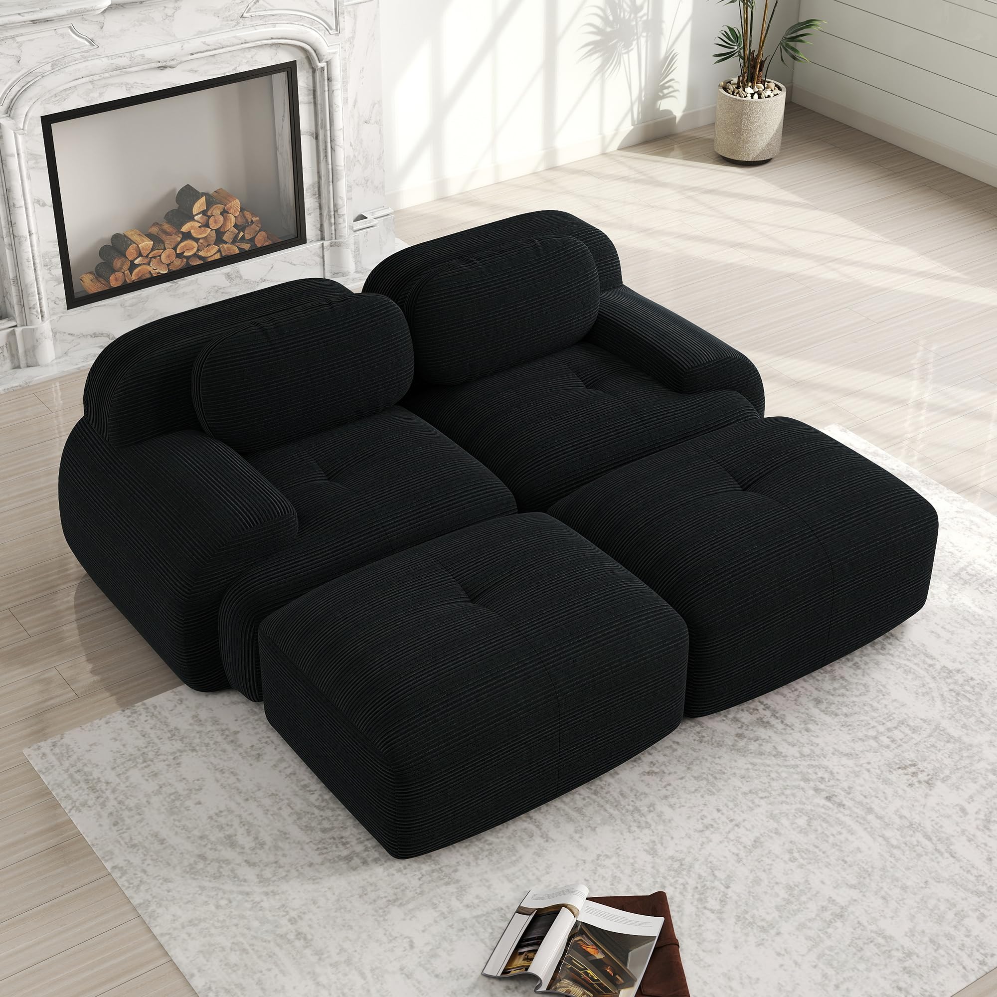 Canapé-lit Modulaire Désossé, Velours côtelé Canapé 2 Places et 2 Pouf, Configuration Libre, Loveseat Longue Canapé de Salon, sans Montage