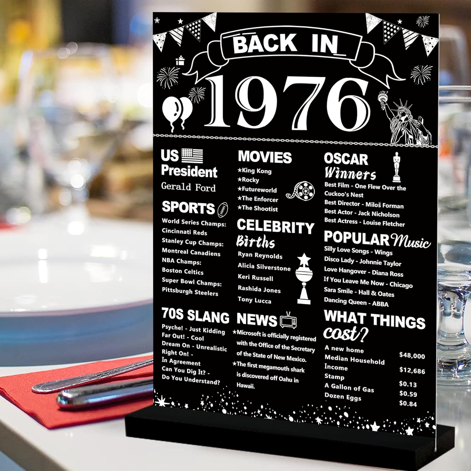 DARUNAXY 50th Birthday Party Decorations, Black Back in 1976 Poster Acrylic Sign with Stand 50 Year Old Party Supplies for Men& Women Vintage 1976 Table Decor 50th Anniversary Class Reunion Gifts - Image 4