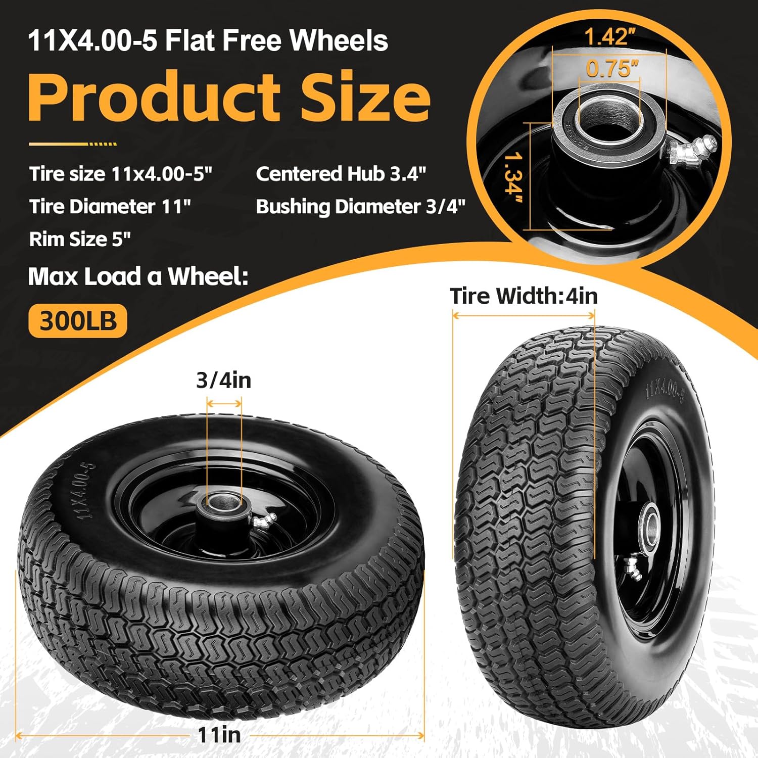 11x4.00-5 Flat Free Lawn Mower Tires, Zero Turn Mower Front Tires, 11x4-5 Solid Lawn Tractor Wheel with Rims, 3/4" or 5/8" & 1/2" Precision Bearings, 3.4"-3.9"-4.9"-5.9" Center Hub (2 Pack Black)