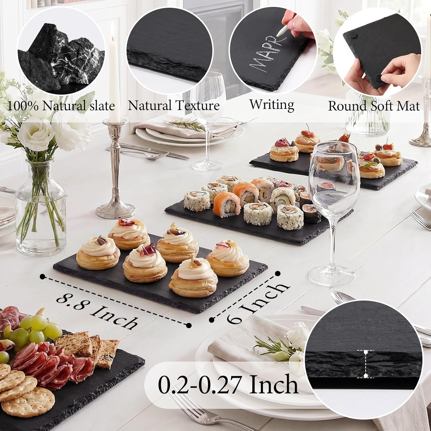 Slate Cheese Boards, 6 Pack 8.8 x 6” Mini Slate Charcuterie Boards Stone Cutting Plates Serving Tray Black Platter for Sushi, Party, Wedding, Housewarming Gifts, Christmas