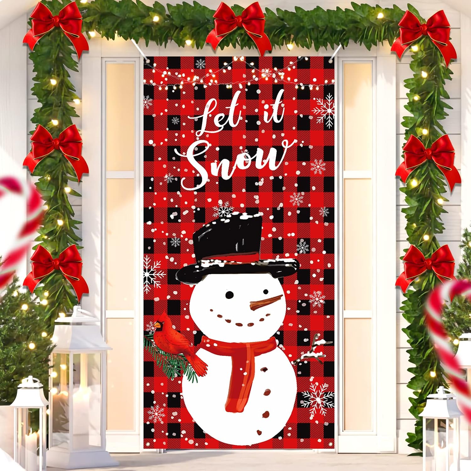 Plaid Christmas Door Cover Snowman Door Banner Decorations Red Black Buffalo Plaid Let It Snow Snowman Cardinal Door Cover Backdrop Sign for Christmas Winter Holiday Indoor Outdoor Party Supplies