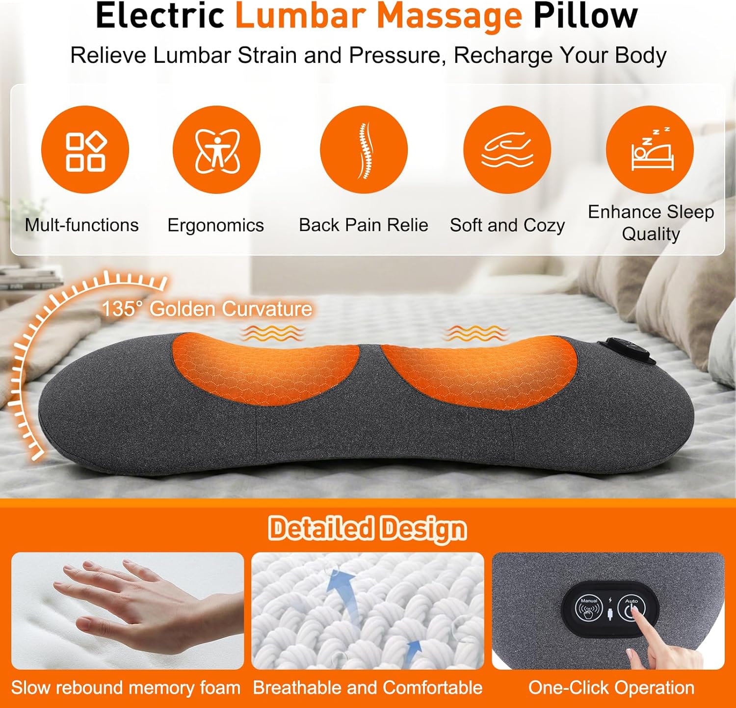 3-in-1 Upadate Rechargeable Electric Back Massager with Heat Vibration Airbag Deep Tissue Relief for Lumbar Back Adjustable Modes Cordless Portable Design for Home/Office/Car