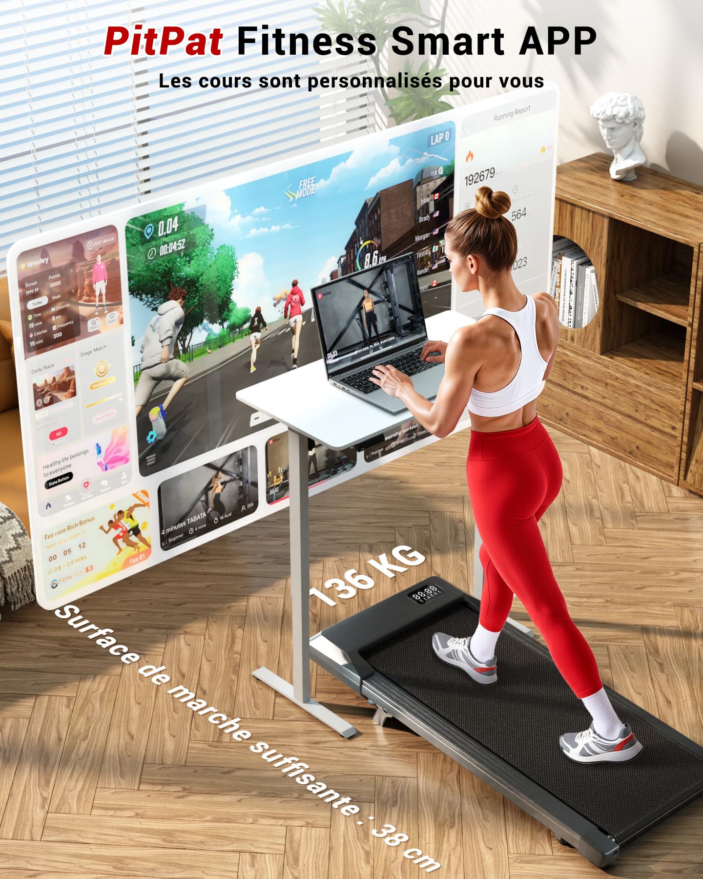 Tapis de Course Pliable Poids Max 136KG avec APP Contrôle Walking Pad Superun Raceable