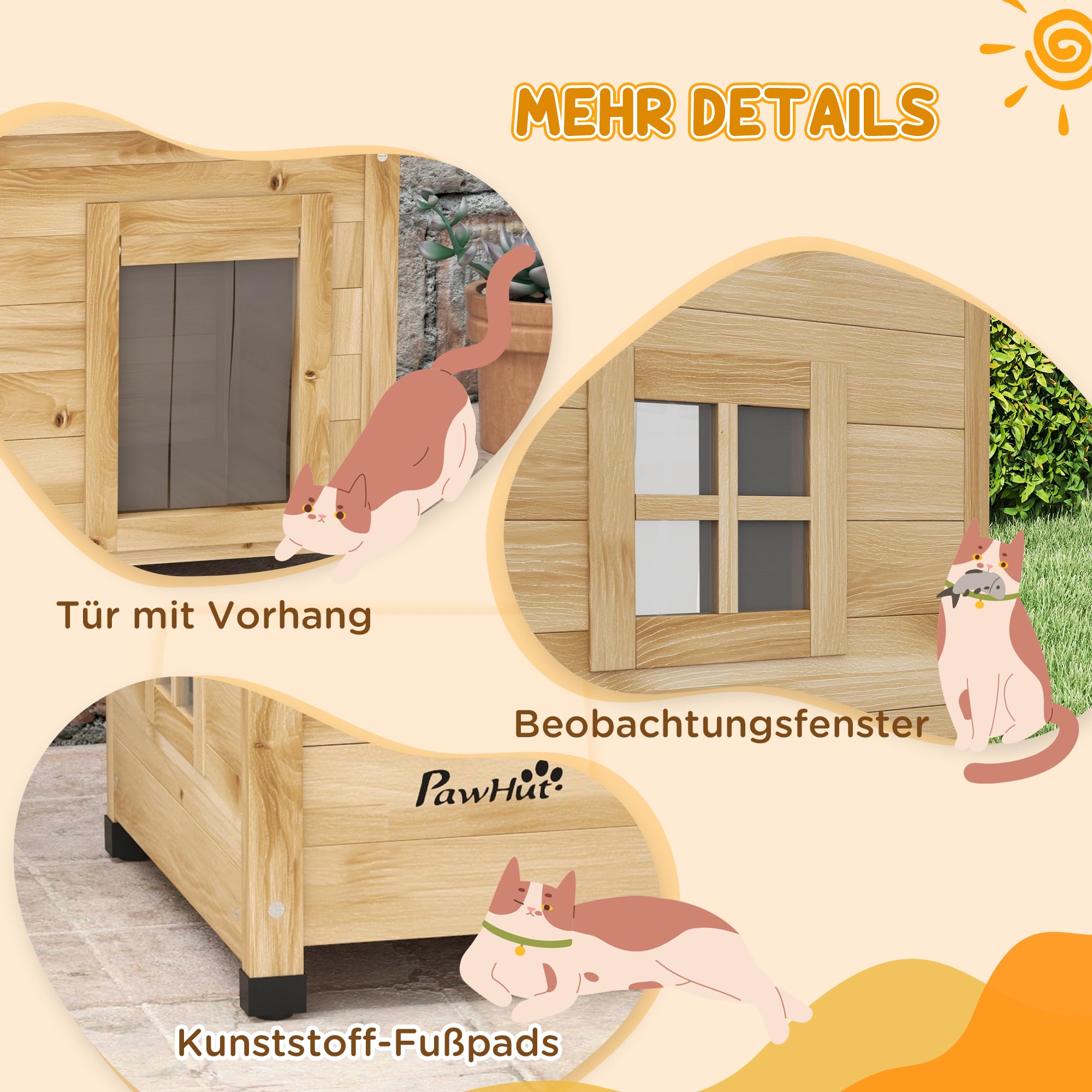 PawHut Katzenhaus aus Holz Outdoor Winterfest 57 x 45 x 43 cm Gelb | Wasserdicht, Katzenhütte, Asphaltdach, Fenster, Türvorhang, Erhöhte Katzenhöhle, Katzenkiste, für Draußen