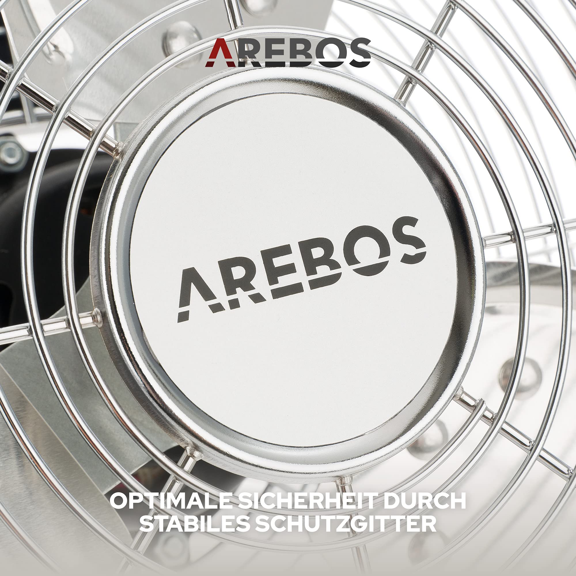 Arebos Bodenventilator Ø45 cm | Windmaschine Retro Stil | Ventilator | 3 Geschwindigkeitsstufen | hoher Luftdurchsatz | 100° einstellbarer Neigungswinkel | Chrom