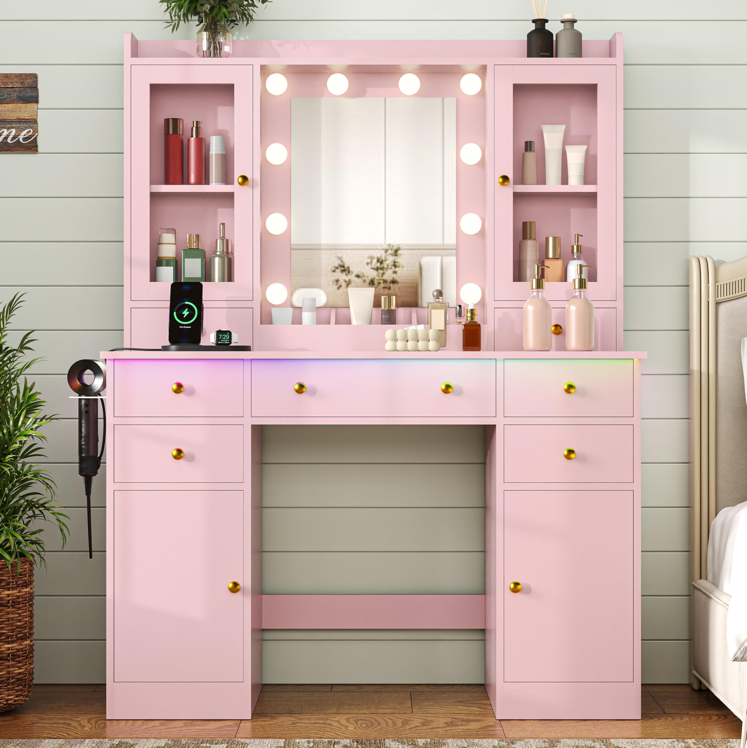 HUANLEGO Pink Vanity Desk with Mirror and Lights for Girls Women