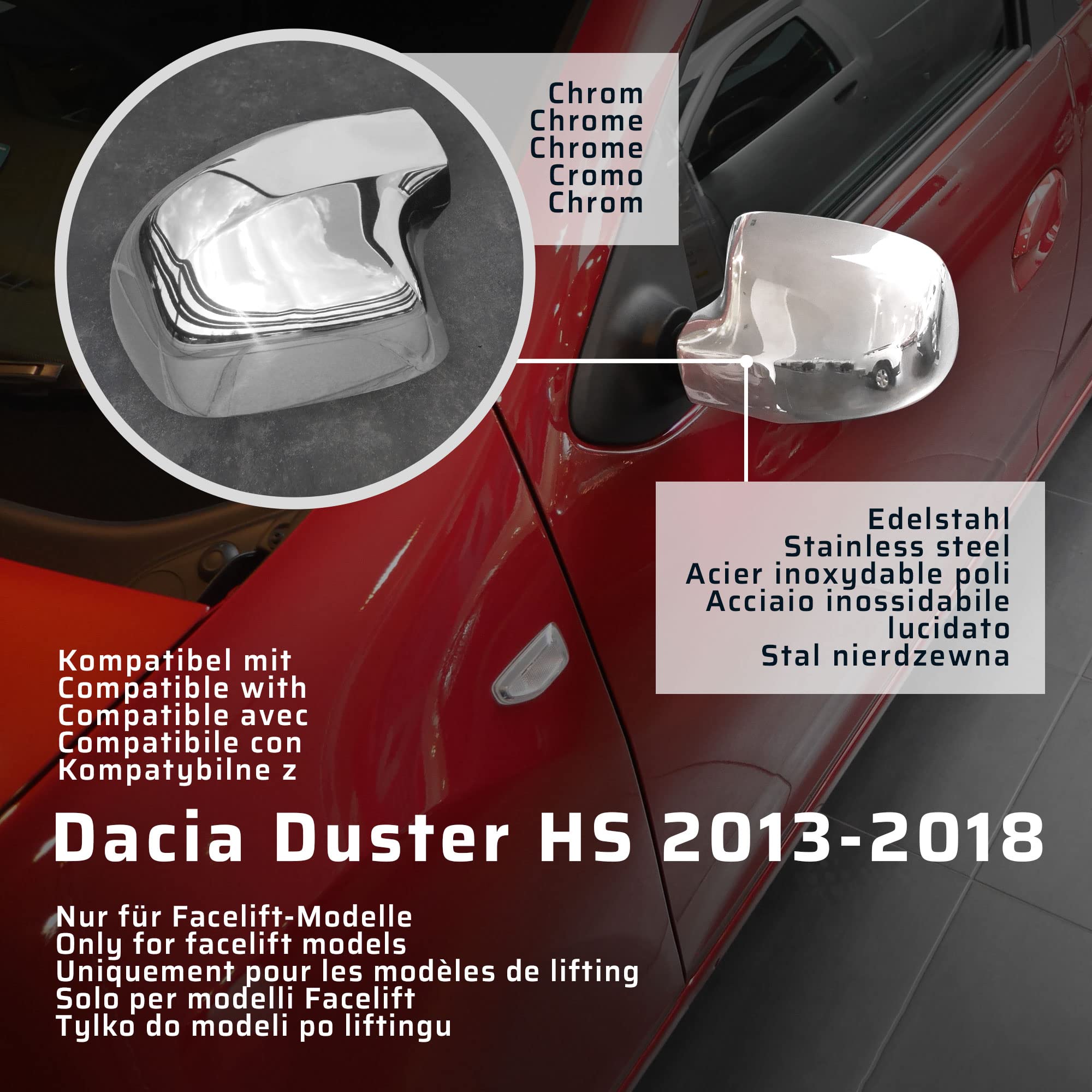 CHROMEMASTER | Nakładki na Lusterka Zewnętrzne | Kompatybilne z Dacia Duster HS 2013-2018 | Stal nierdzewna; Osłony Lusterek to Niepowtarzalny Wygląd Auta i Ochrona Przed Uszkodzeniem
