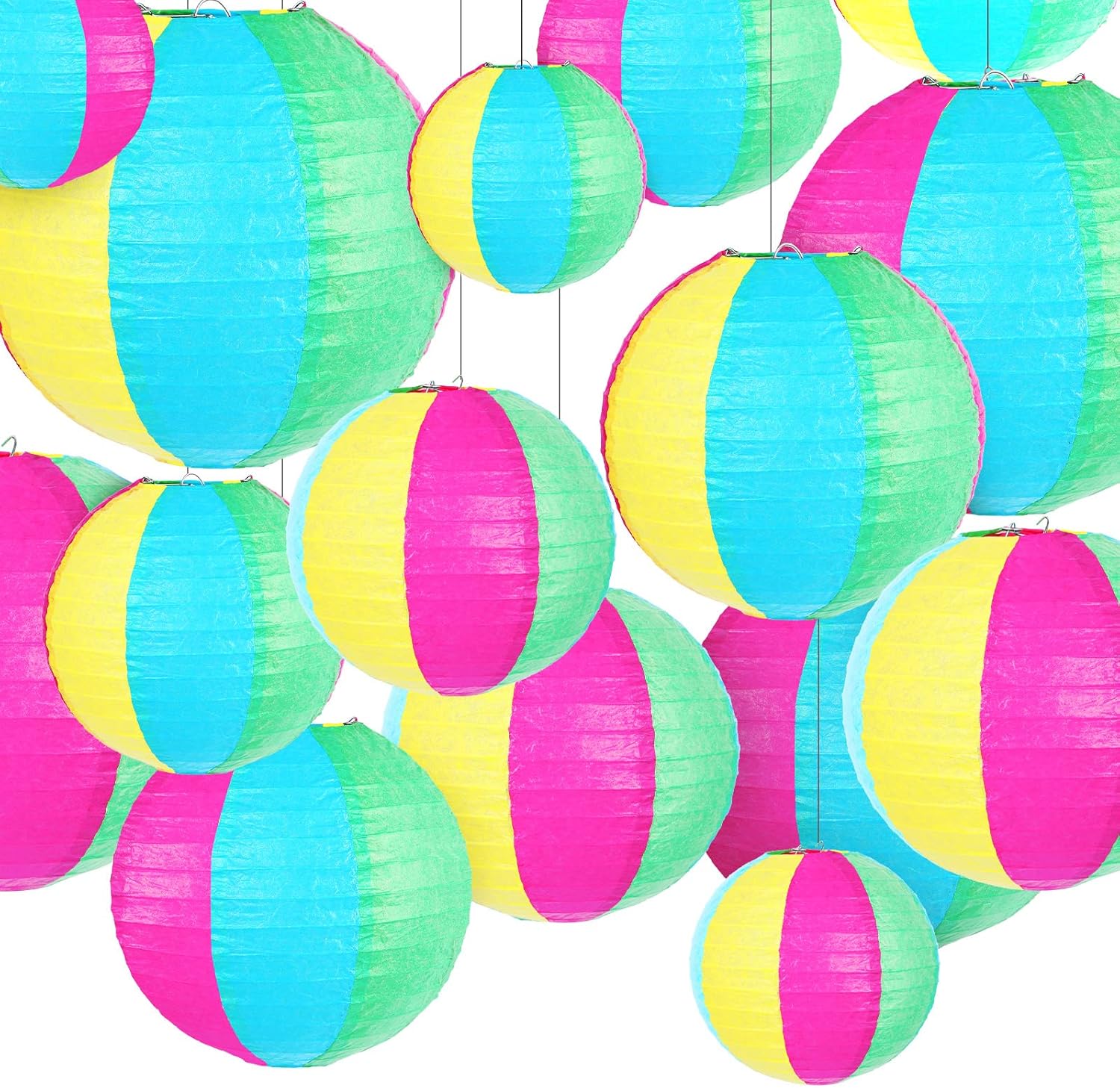48Pcs Beach Ball Paper Lanterns Party Decorations Round Rainbow Stripes
