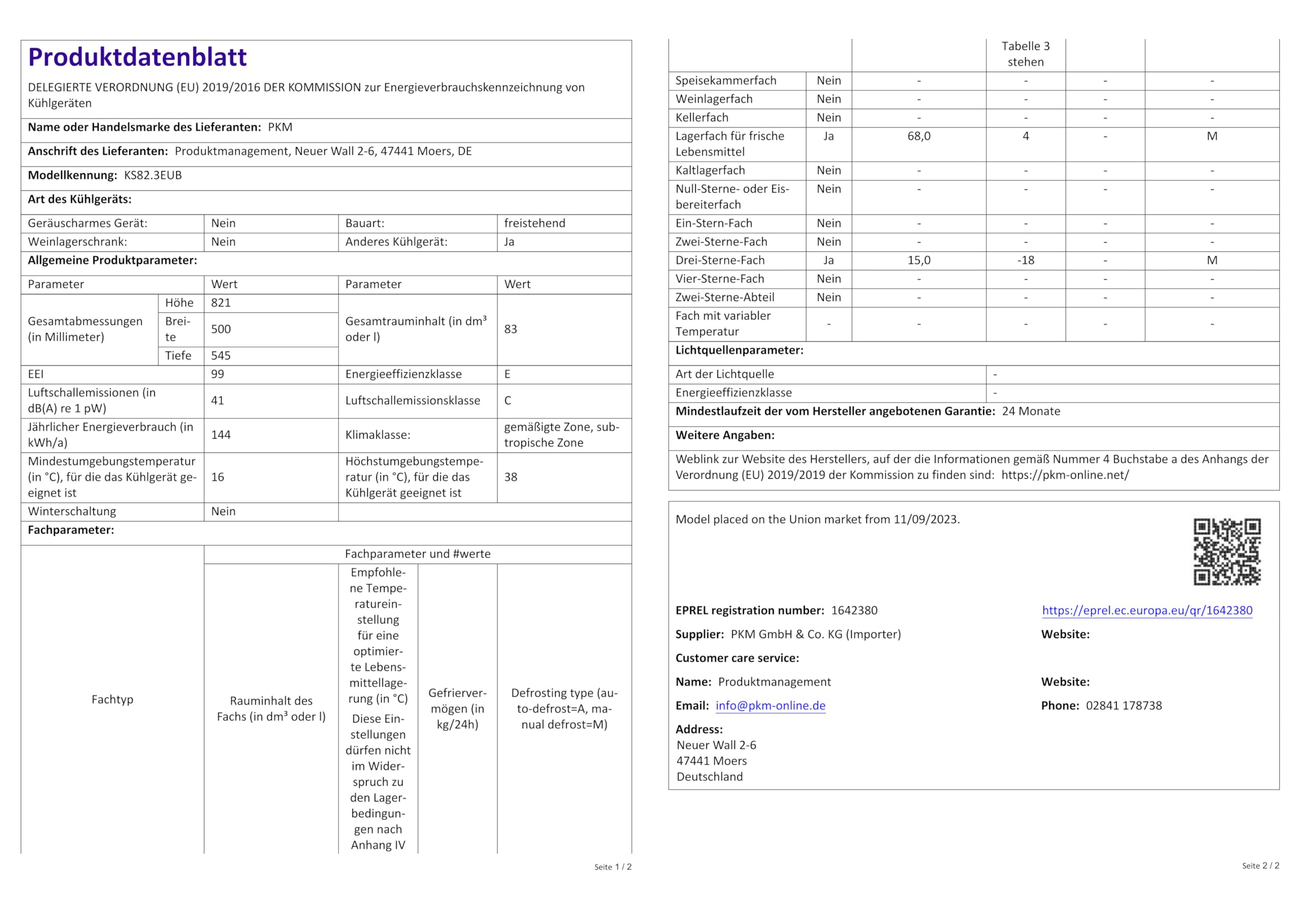 PKM KS82.3EUB Unterbaukühlschrank mit Gefrierfach | 83 Liter Nutzinhalt | wechselbarer Türanschlag | Höhenverstellbare Füße | LED-Beleuchtung | 41 dB | 50 cm Breite | Weiß