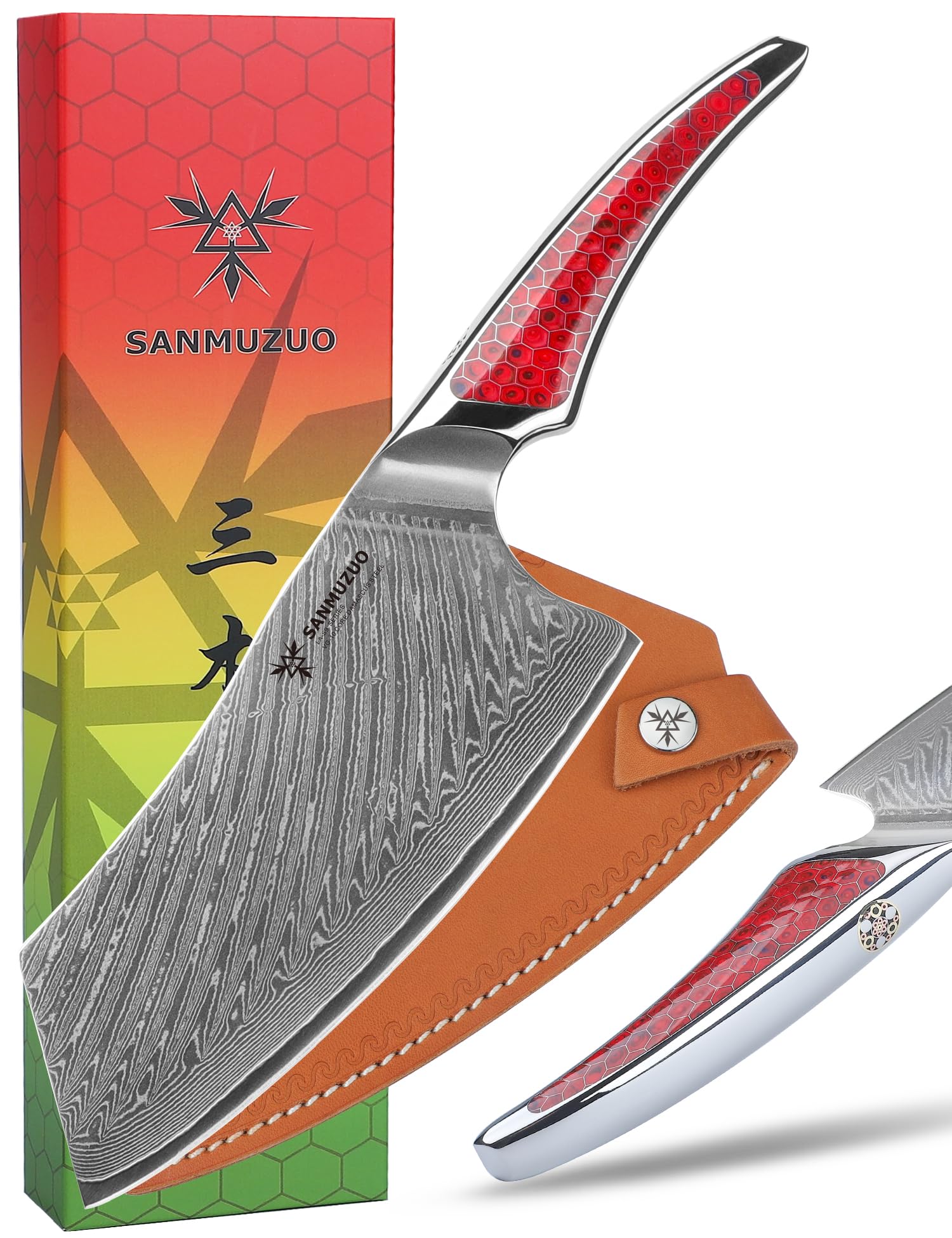 18CM Nakiri-Messer, Fleischerbeil aus Japanischem VG-10-Damaszenerstahl, ultrascharfes Gemüsemesser mit Ergonomischer Griff aus Rot Harz, Serie LA-S9