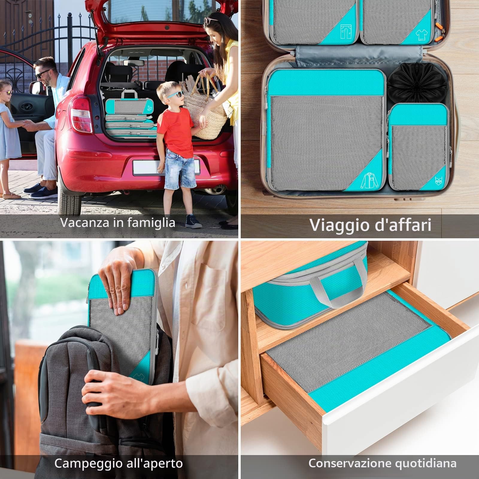 Set di 7 Organizer Valigia, Organizzatori da Viaggio a Compressione, Packing Cube per Vestiti, Scarpe, Biancheria Intima, Ultraleggero, Espandibile, Cielo Blu