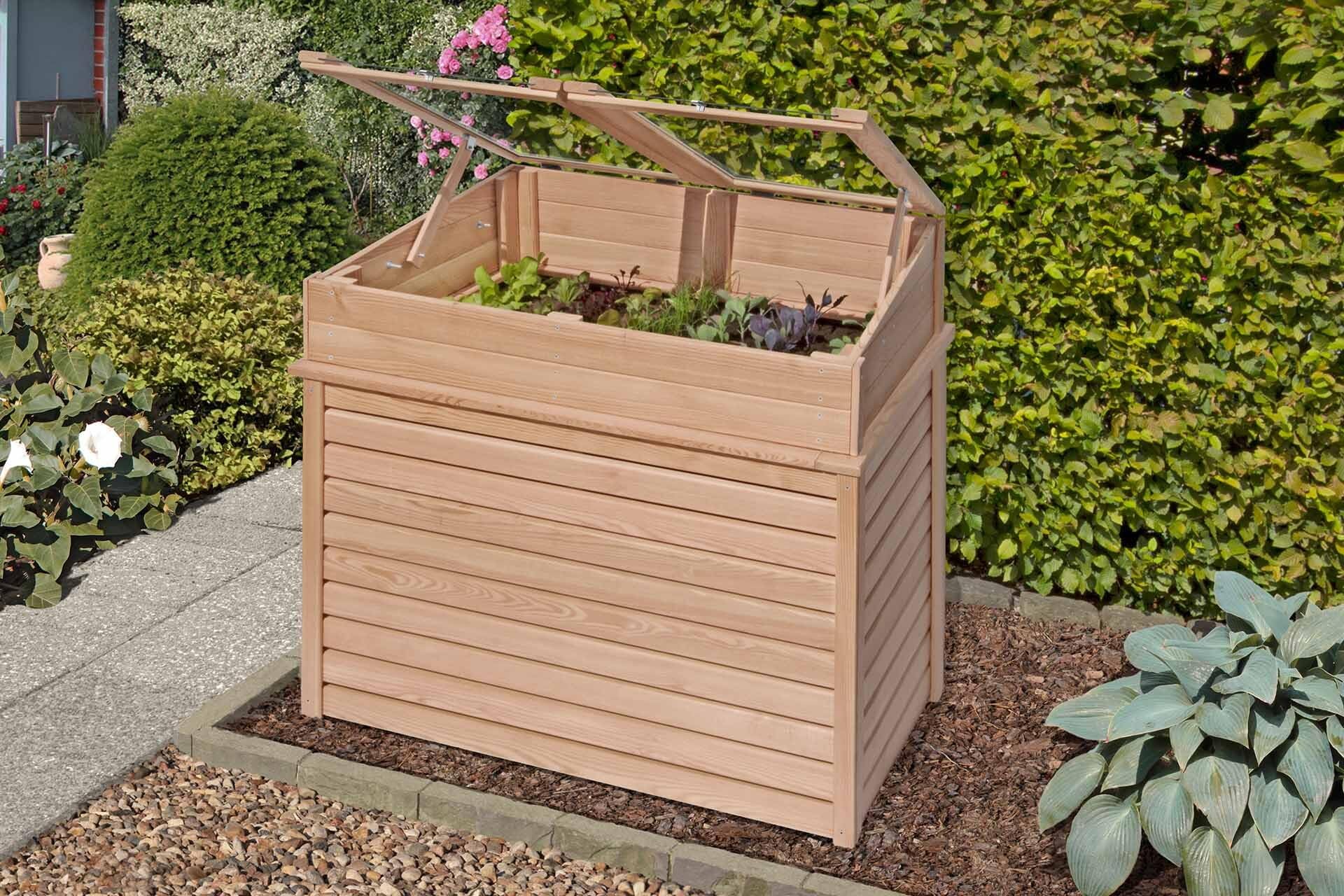 Mega Holz Frühbeet Gewächshaus Aufsatz aus Lärche 119x80x21 cm - Hochbeet-Aufsatz aus Holz mit Abdeckung - Treibhaus für Garten, Obst, Gemüse & Kräuter, witterungsbeständig, pflegeleicht & natürlich