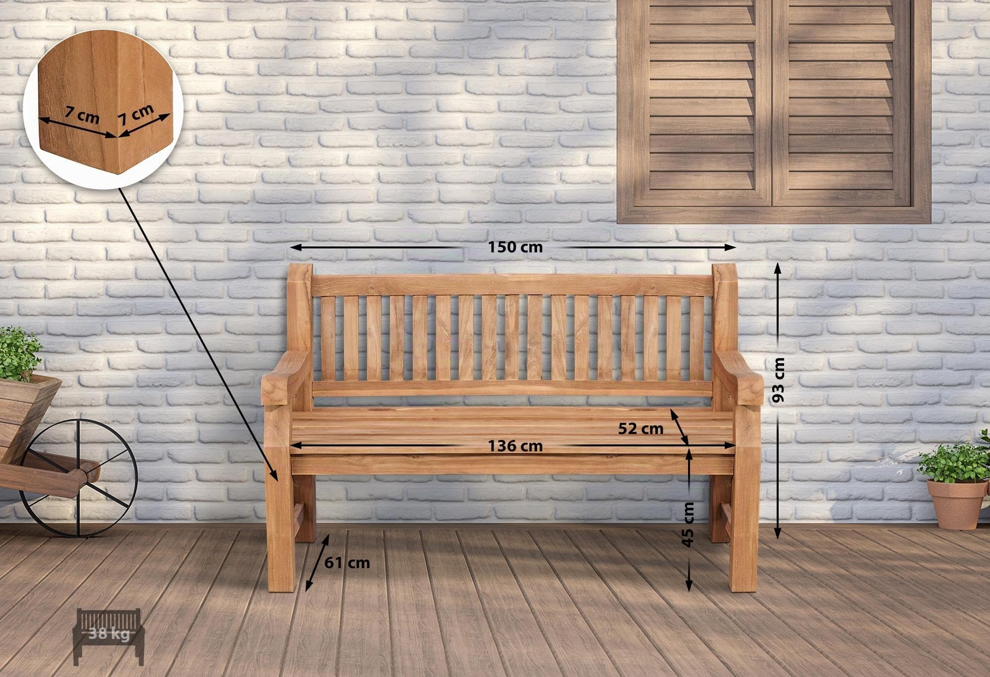 CLP Banco de Teca Jackson V2 I Banco de Madera Resistente a la Intemperie con Respaldo I De Madera Maciza de Teca, Color:Teca, Tamaño:150 cm