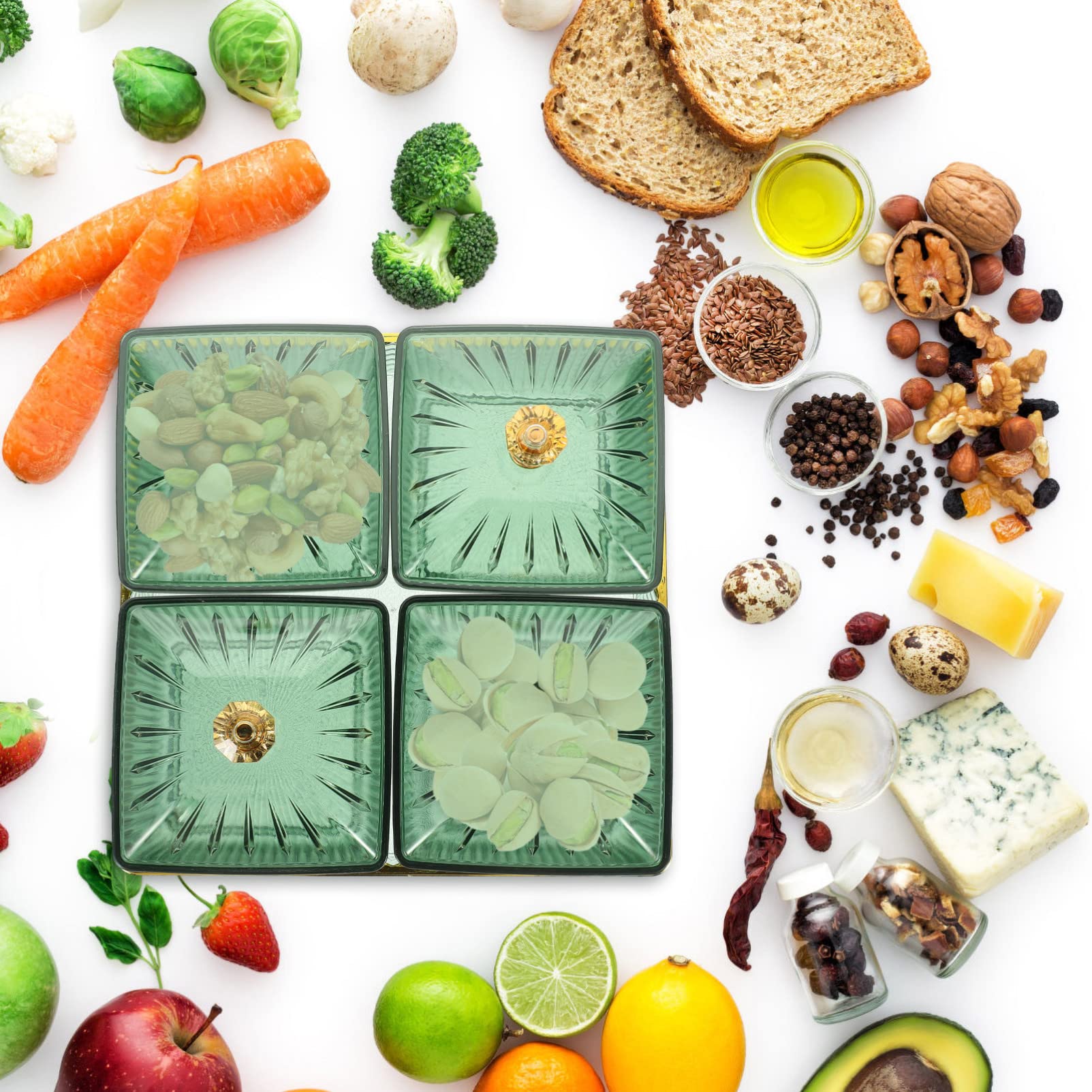 1 Satz Snackteller mit Deckel Fach Unterteilung Dekorativer Obst und Snackteller für Zuhause für Desserts Süßigkeiten und Snacks Spülmaschinenfest Grün