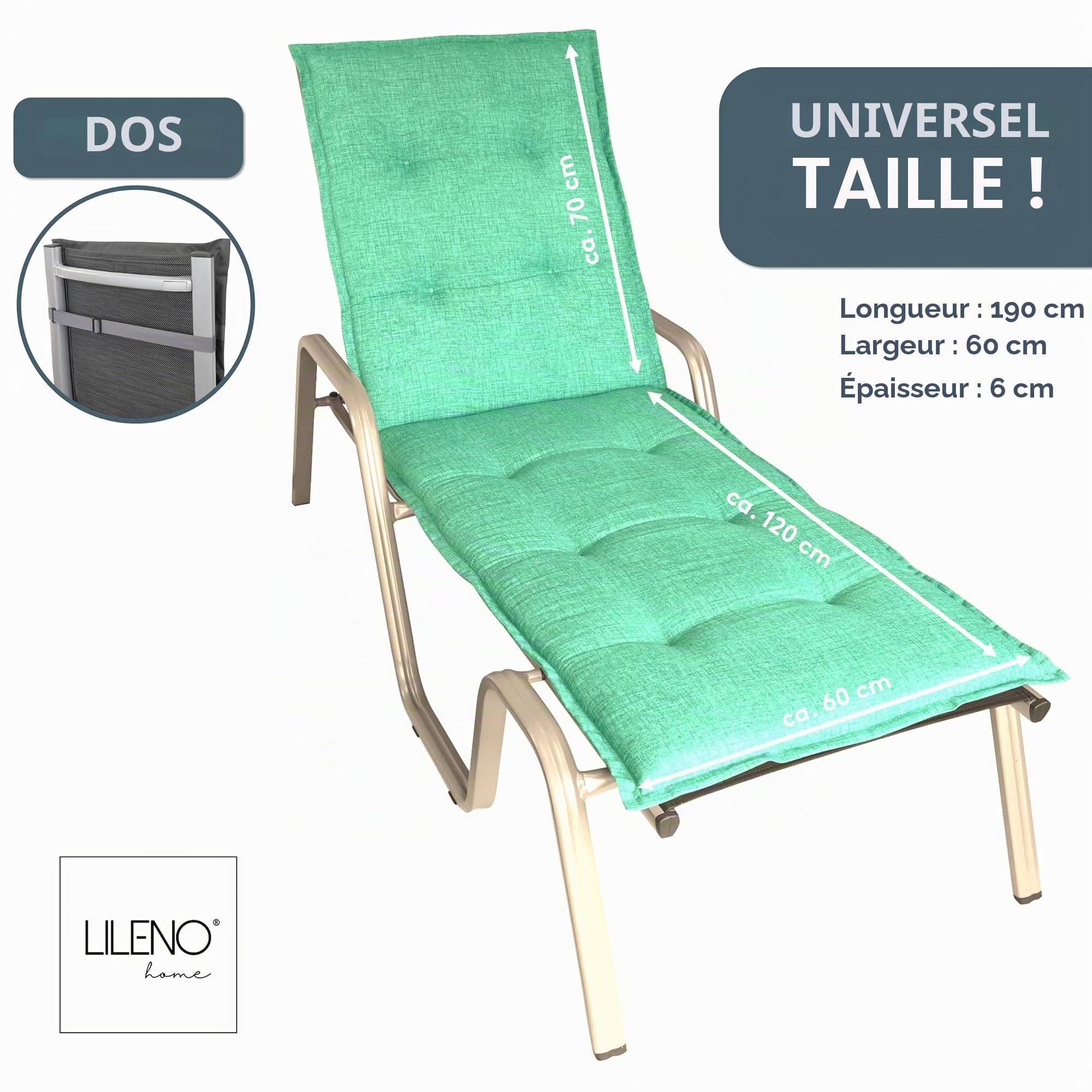LILENO HOME Coussin pour chaise longue en [lot de 1 - Chaise longue à roulettes] en Turquoise - Coussin pour chaise longue de jardin parfait pour la plage - Coussin pour chaise longue de jardin