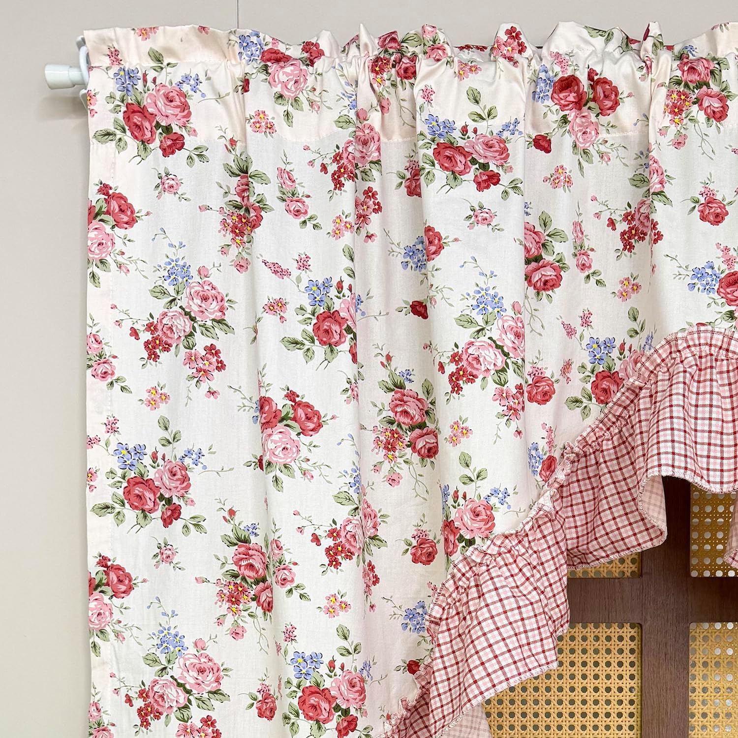 Pink Floral Ruffled Swag Curtain Valance Rod Pocket 1PC W39 x L35