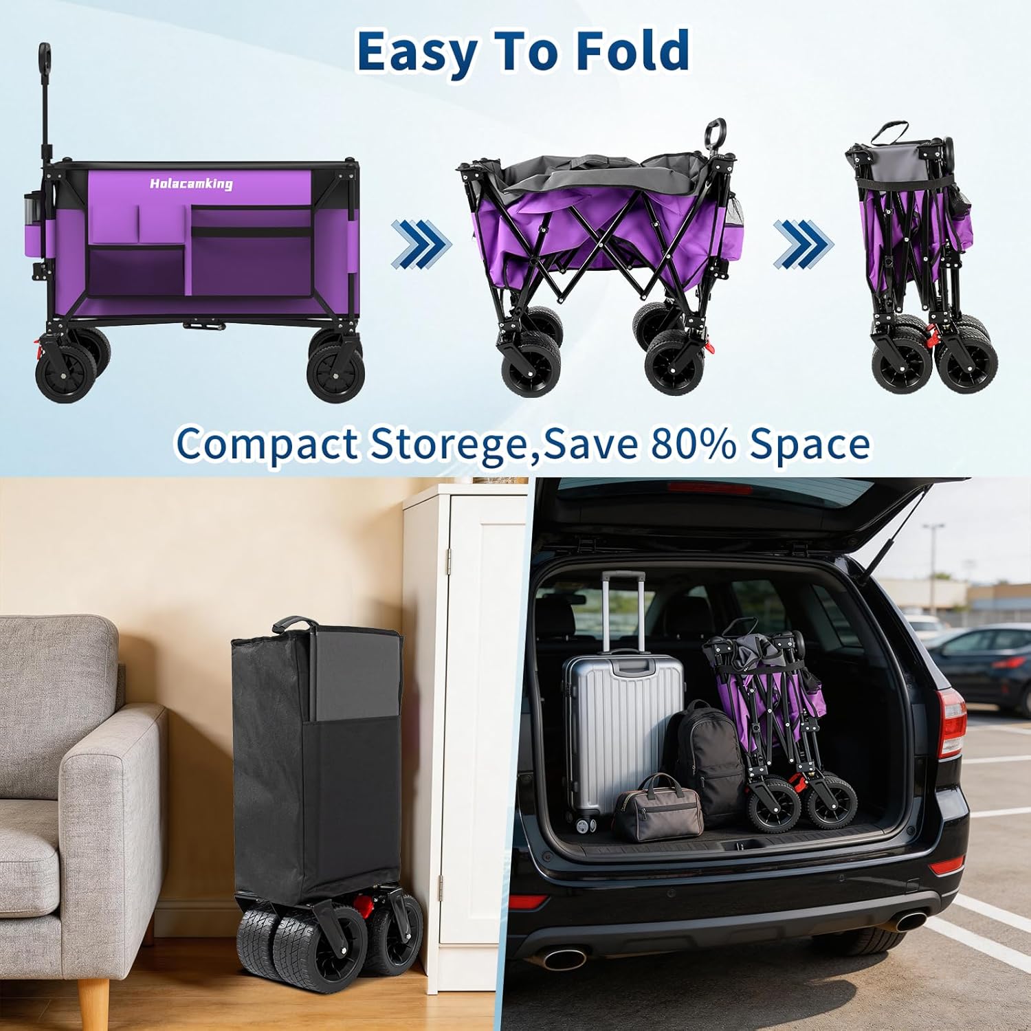 Collapsible Canopy Wagon Cart, Heavy Duty Utility Wagon with Removable Sun Cover, All-Terrain Big Wheels, Dual Brakes, Extra Large Grocery Cart for Beach Camping Sports Tailgates (Purple)