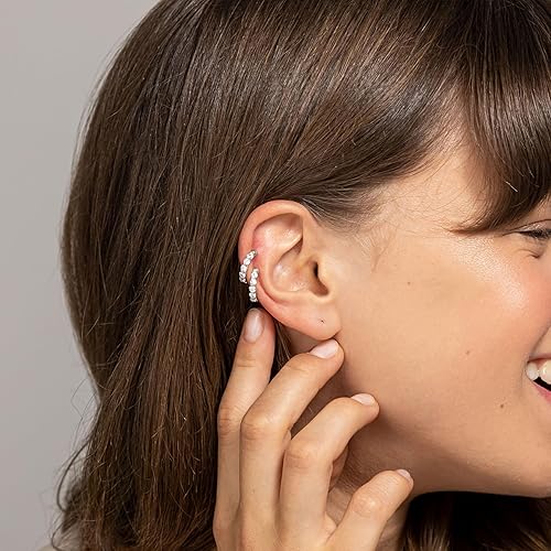 Miniatura 2 de PAVOI Aretes de plata de ley 925 chapados en oro de 14 quilates con circonita cúbica brillantes y redondos, aretes de oro para mujer Clip