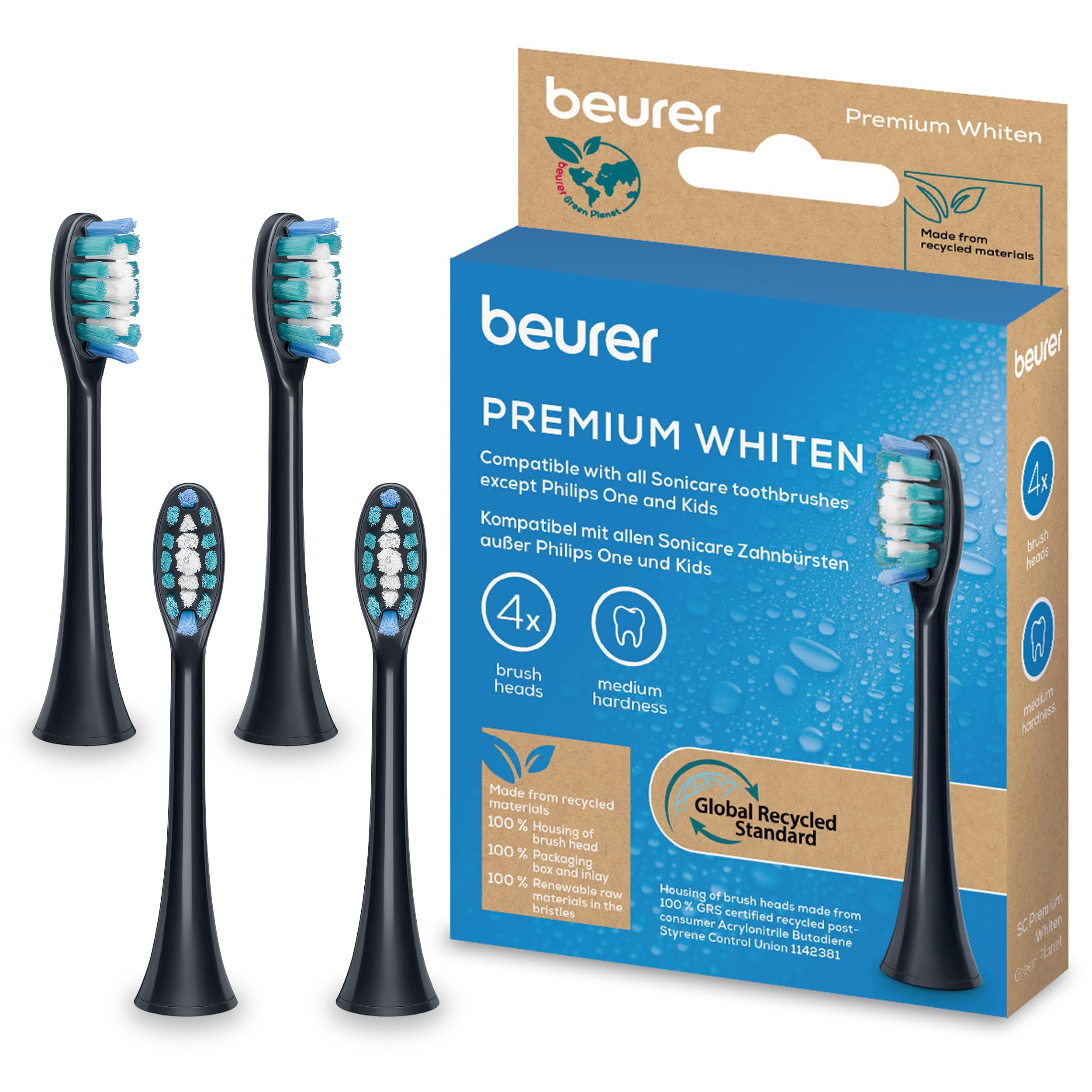 Beurer SC Premium Whiten Bürstenköpfe für elektrische Zahnbürste, 4 Ersatzbürsten kompatibel mit SC 30, 50 & Philips Sonicare Schallzahnbürsten, mittig erhöhte Indikatorborsten, Härtegrad Mittel