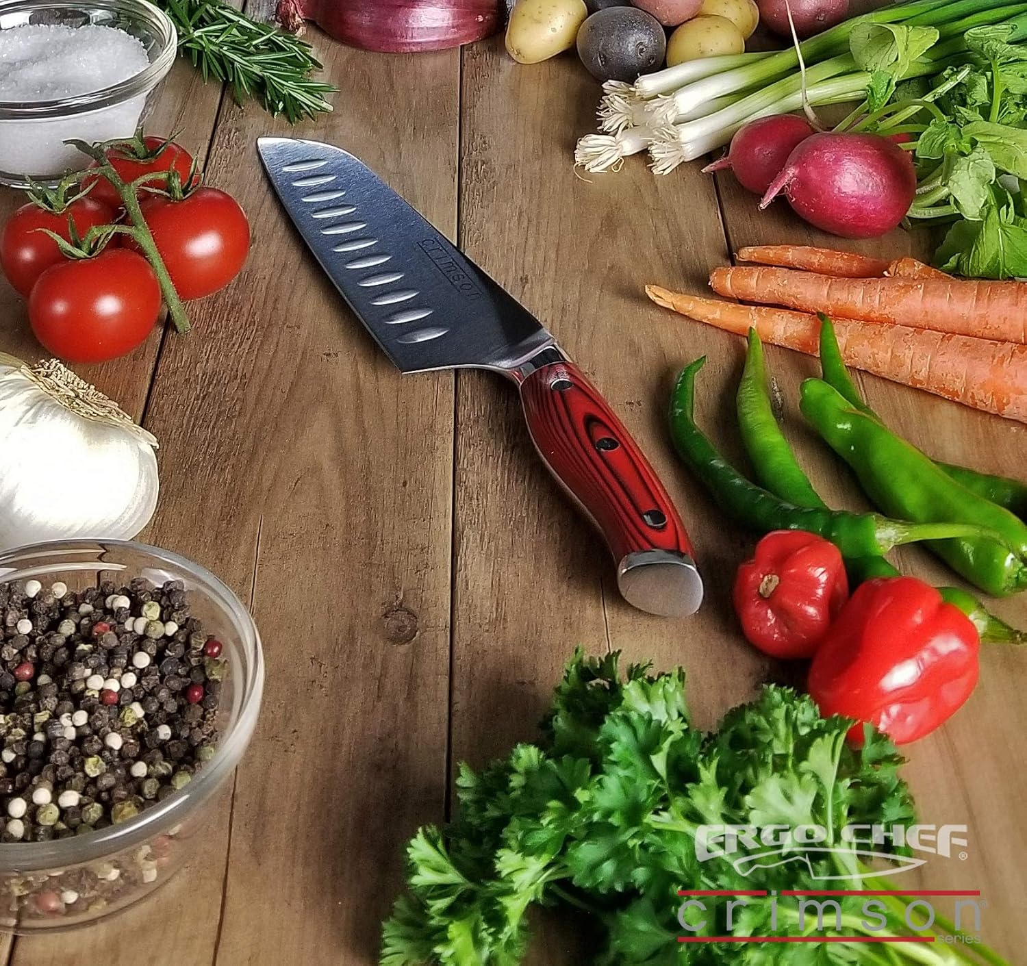 Ergo Chef Crimson Series 7-Inch Japanese Santoku Knife - Professional High Carbon X50CrMoV15 German Stainless Steel, Hollow Ground Blade, G10 Ergonomic Handle for Precise Kitchen Performance