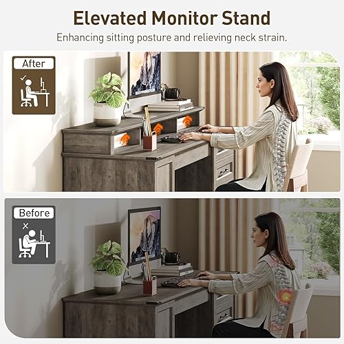 Miniatura 6 de Escritorio ejecutivo de granja de 55 pulgadas con cajones, escritorio de oficina en casa con archivador y estante de almacenamiento, estación de