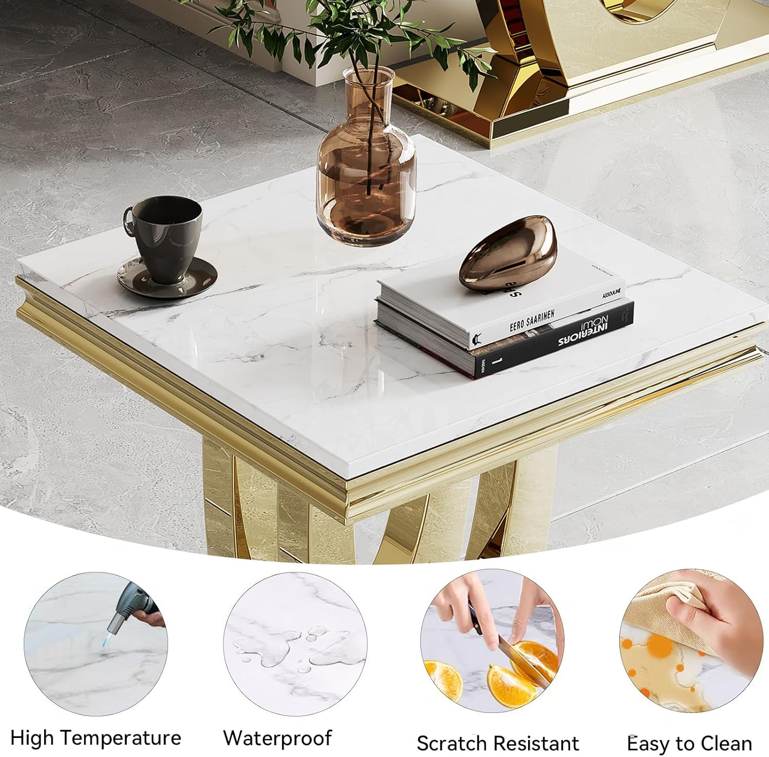 2 Piece Marble Coffee Table and End Table Set, Modern White Faux Marble Coffee Table Set of 2, Living Room Table Set with Gold U-Shape Stainless Steel Frame, 1 Coffee Table and 1 Square End Table
