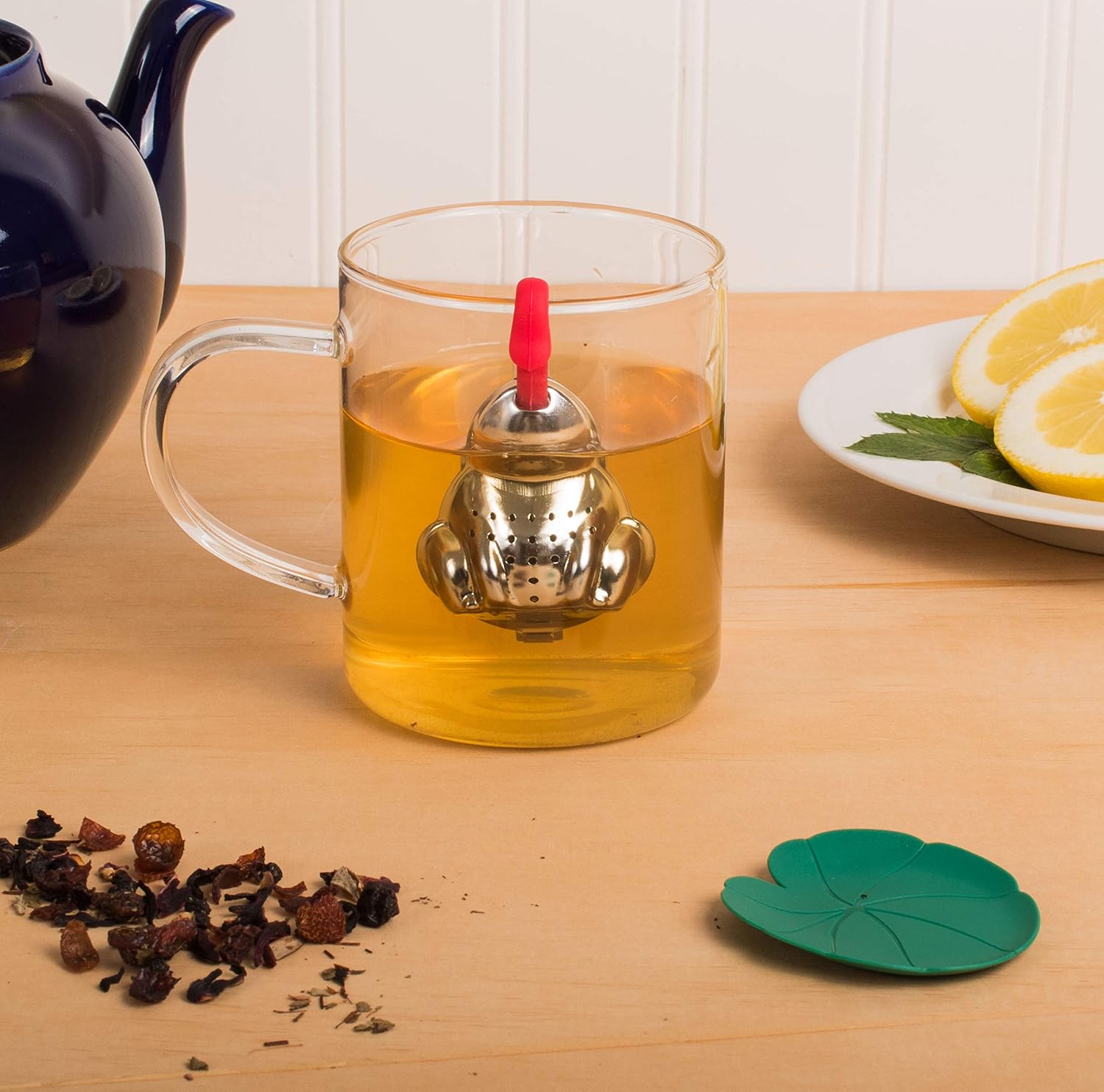 HIC Kitchen Tea Infuser with Drip Tray, Frog and Lily Pad, 18/8 Stainless Steel with BPA-Free Plastic