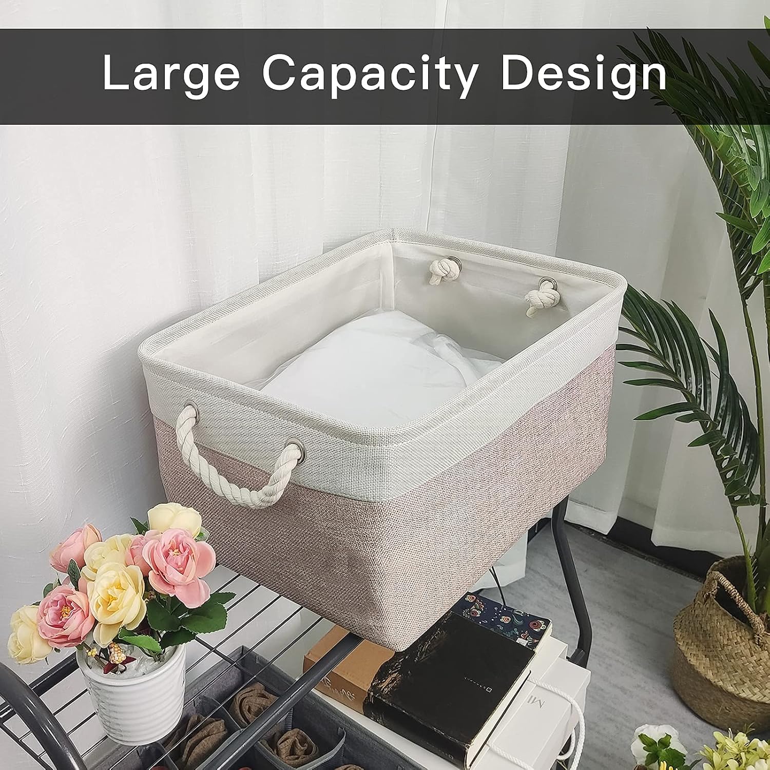 Protecu Storage Basket Cube Bins Organizer Fabric Bin Baskets with Handles for Gifts Empty | Medium Storage Baskets for Organizing Shelves Closet Toy Cloth (White & Pink, 12.2x8.3x4.7 inch)
