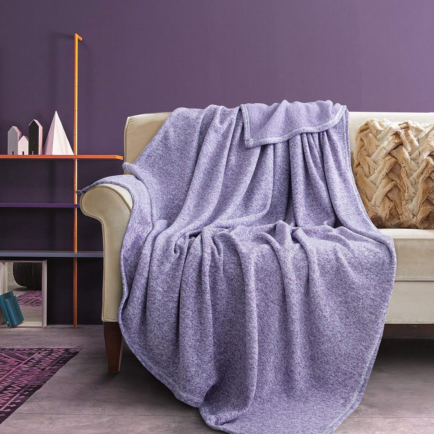 GONAAP Fall Knit Throw Blanket Lightweight Breathable Fuzzy Cozy Heather Jersey Thin Blanket All Season for Couch Sofa Bed Purple 56x65