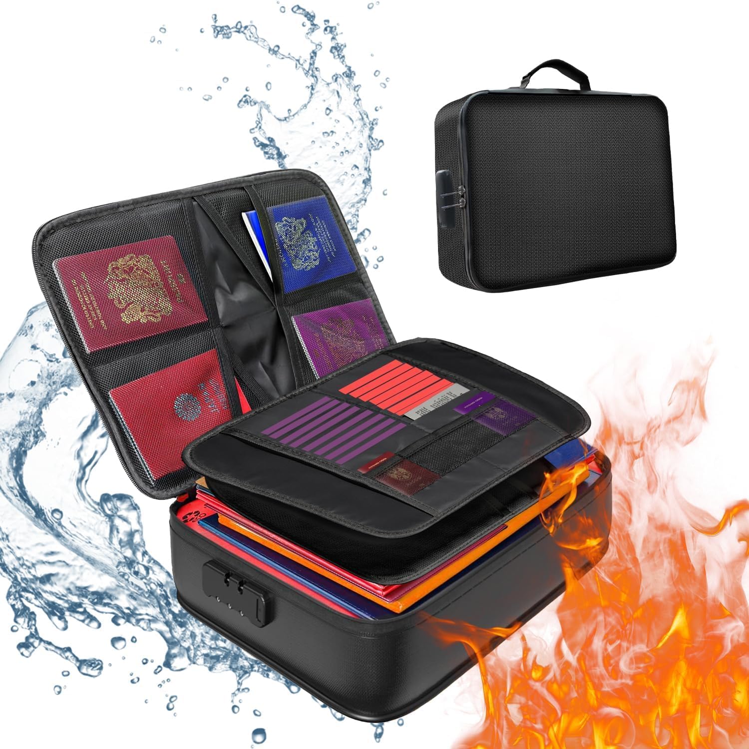 QUOLIX Fireproof Document Bag with Combination Lock, Waterproof and Fireproof Document Box, Suitable for A4 Documents, Cards, Laptops, Portable Briefcase for Important Documents, Black