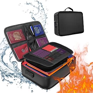 QUOLIX Organisateur de Documents, Coffre Fort Anti feu vec Serrure, Boîte Ignifugée pour Les Documents Importants, Matériel de Haute qualité 36 x 27 x 10cm avec Sac Organisateur Multicouche