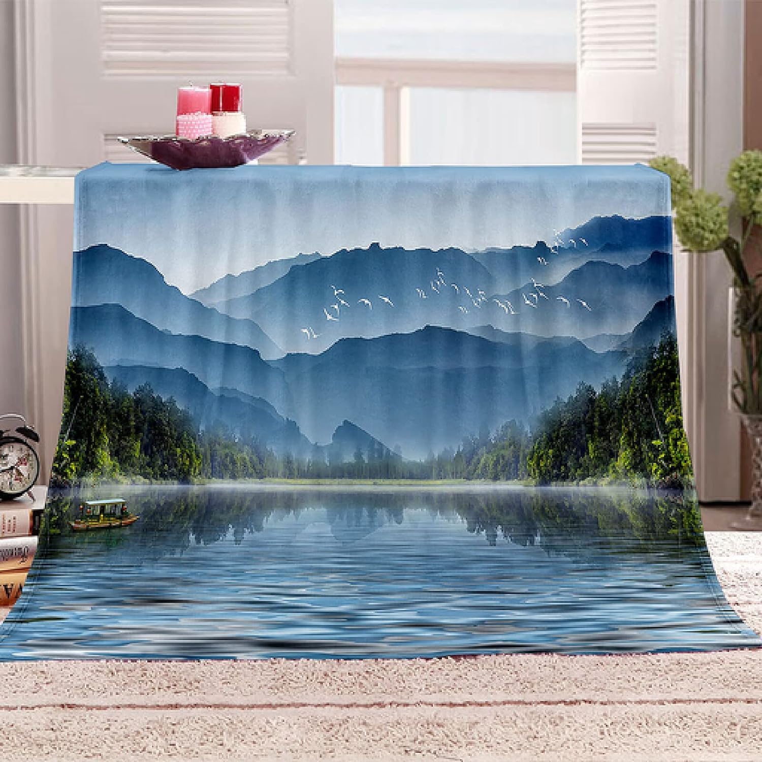 Couverture Polaire 240x220 cm Forêt Plaid Polaire Lit 2 Personne 3D Imprimée Montagne Couverture Doux et Chaud Plaid pour Canapé Lit, Blanket pour Adultes Enfants E420