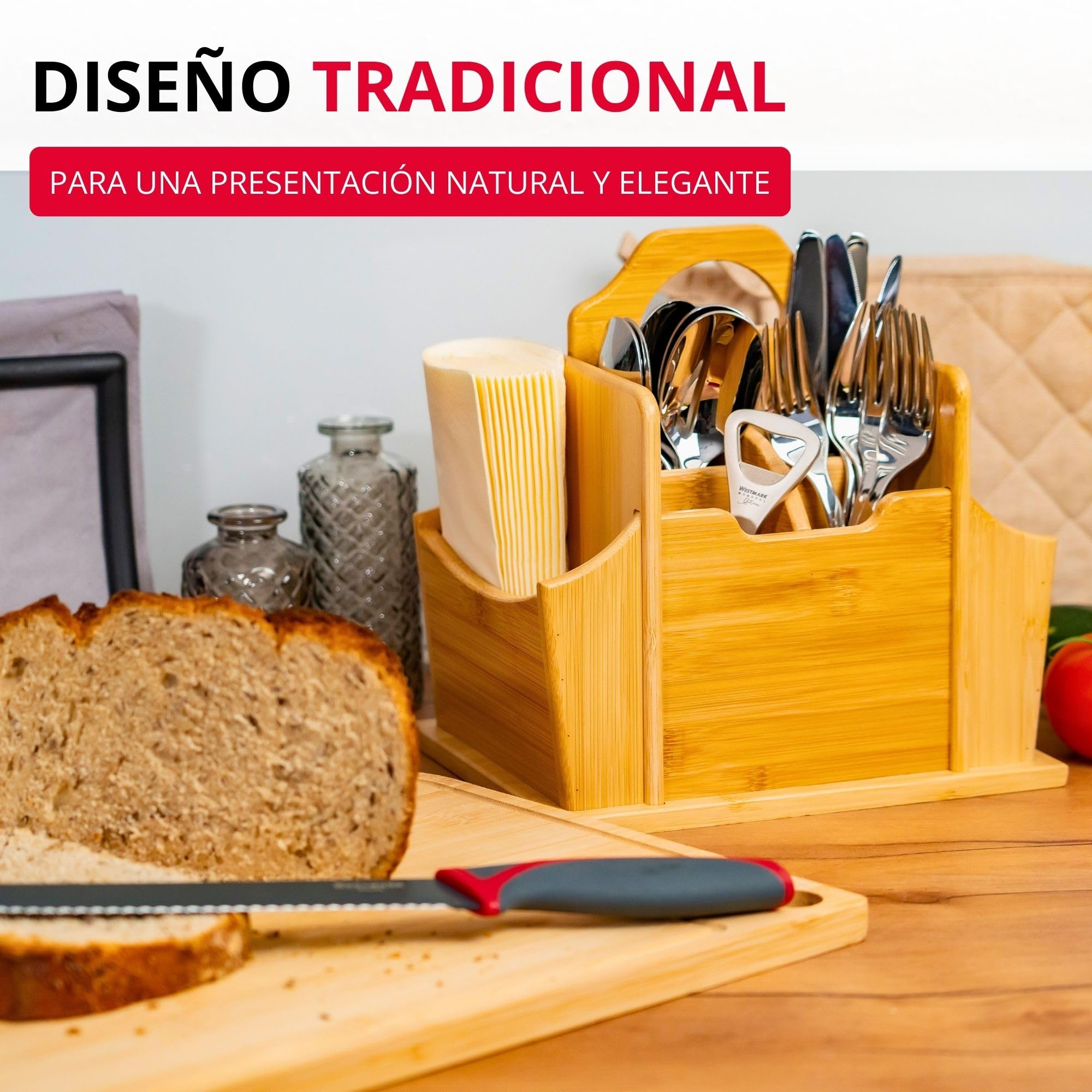 Organizador Tapas + Friends Westmark – práctico organizador de mesa con 7 compartimentos, cesta para cubiertos y servilletas, portautensilios para mesa y fiesta – bambú
