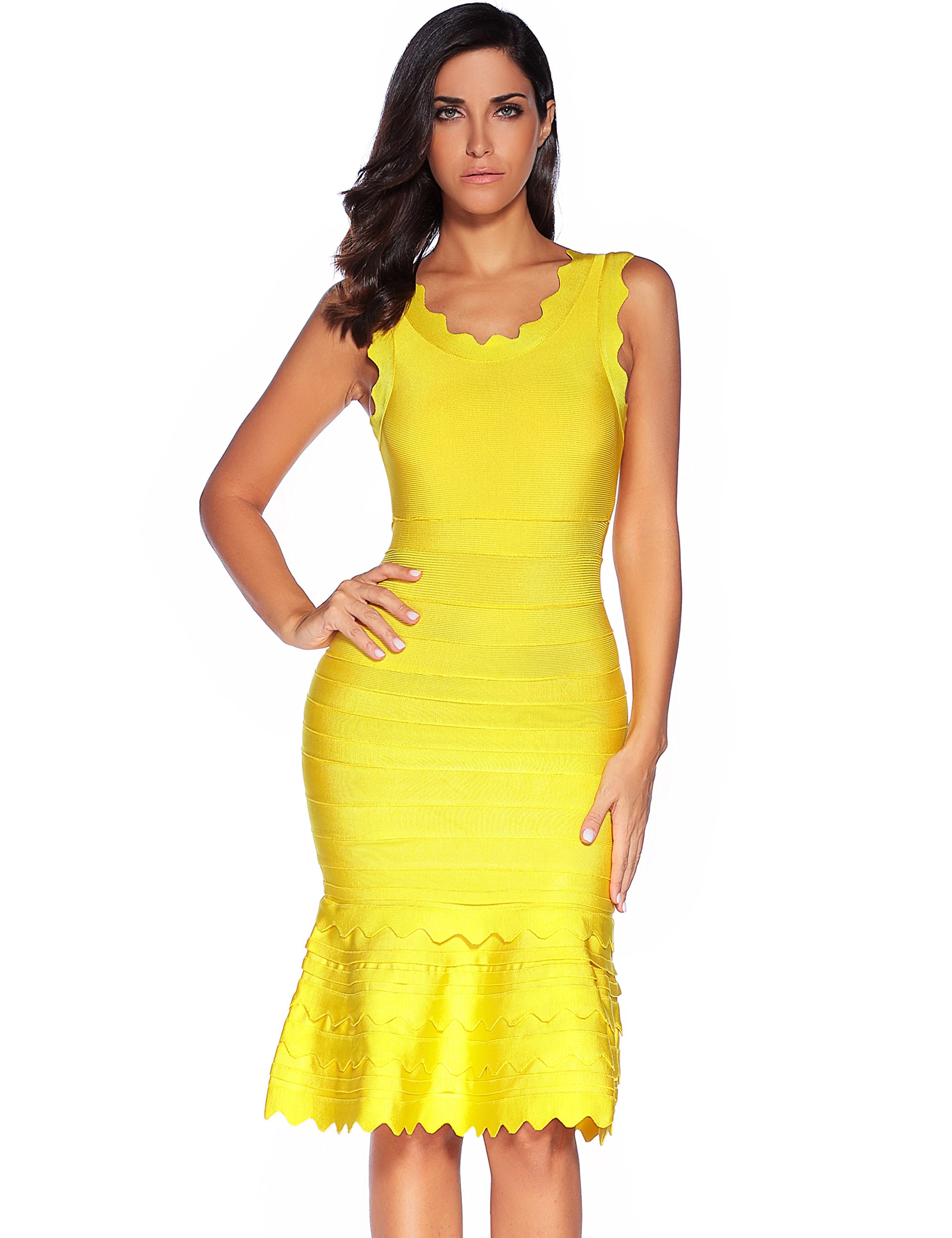 meilun Women's Rayon Mini Yellow Waves Hem Layered Dress Bandage Bodycon  Party Dress X-Small - Main Image