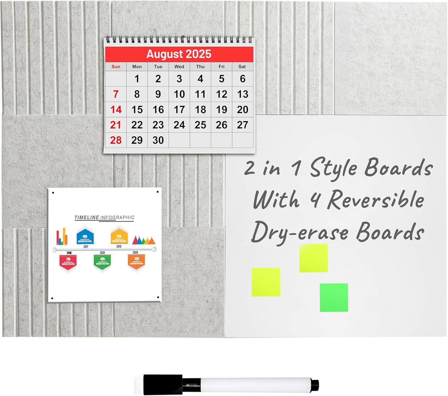 2-in-1 Style Felt Cork Board Tiles with Reversible Dry Erase Boards - Bulletin Organizer Pinboards for Wall with Strong Adhesion - Alternative Corkboard for Office and Home - 11.8" x 11.8", 12 Pack
