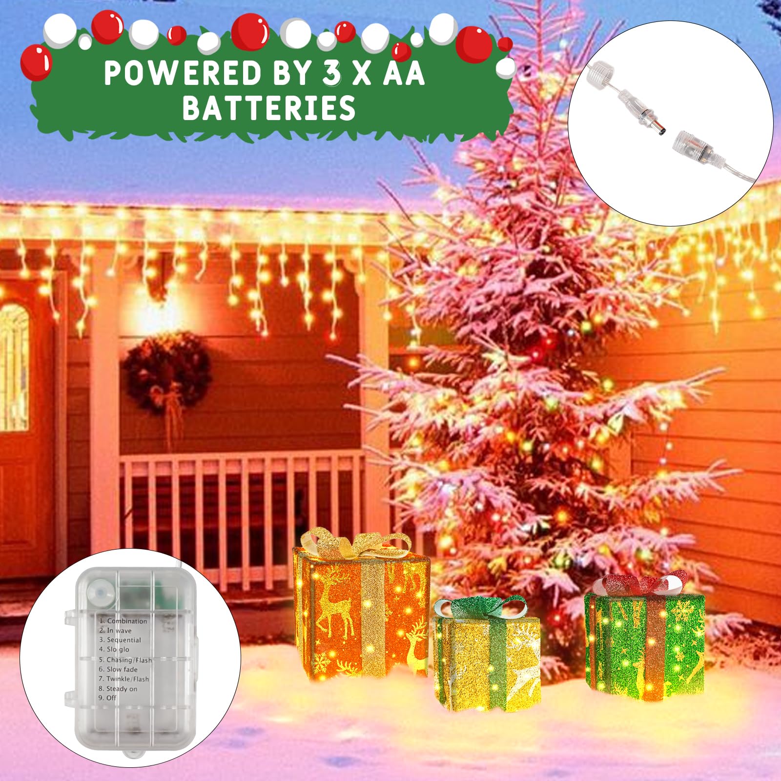 Robofun Boîte Cadeaux Lumineuse de Noël, Lot de 3 Boîte Cadeaux Lumineuse de Noël avec Noeud, Boîtes Cadeaux LED pour Decoration Noel, Intérieur et Extérieur-Rouge, Vert et Jaune