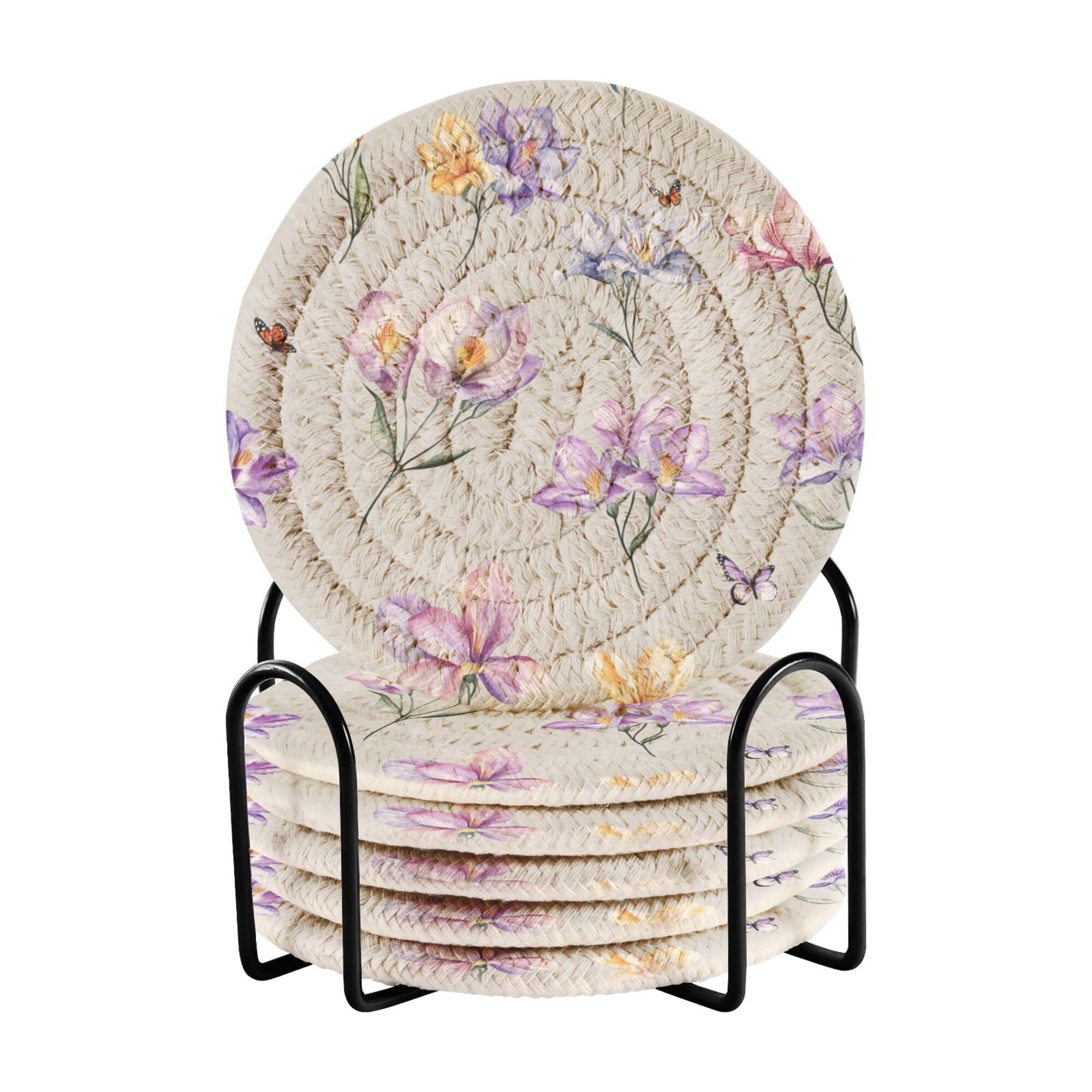 Nature Freesia Gray Cotton Rope Coasters Set of 6 with Holder Coasters