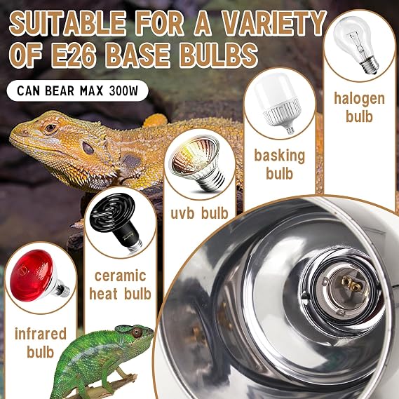Reptile Light Fixture with Dimming Thermostat 5.5 Inch Deep Dome Infrared Reptile Heat Lamp Max 300W for Turtle Bearded Dragon Lizards Snake