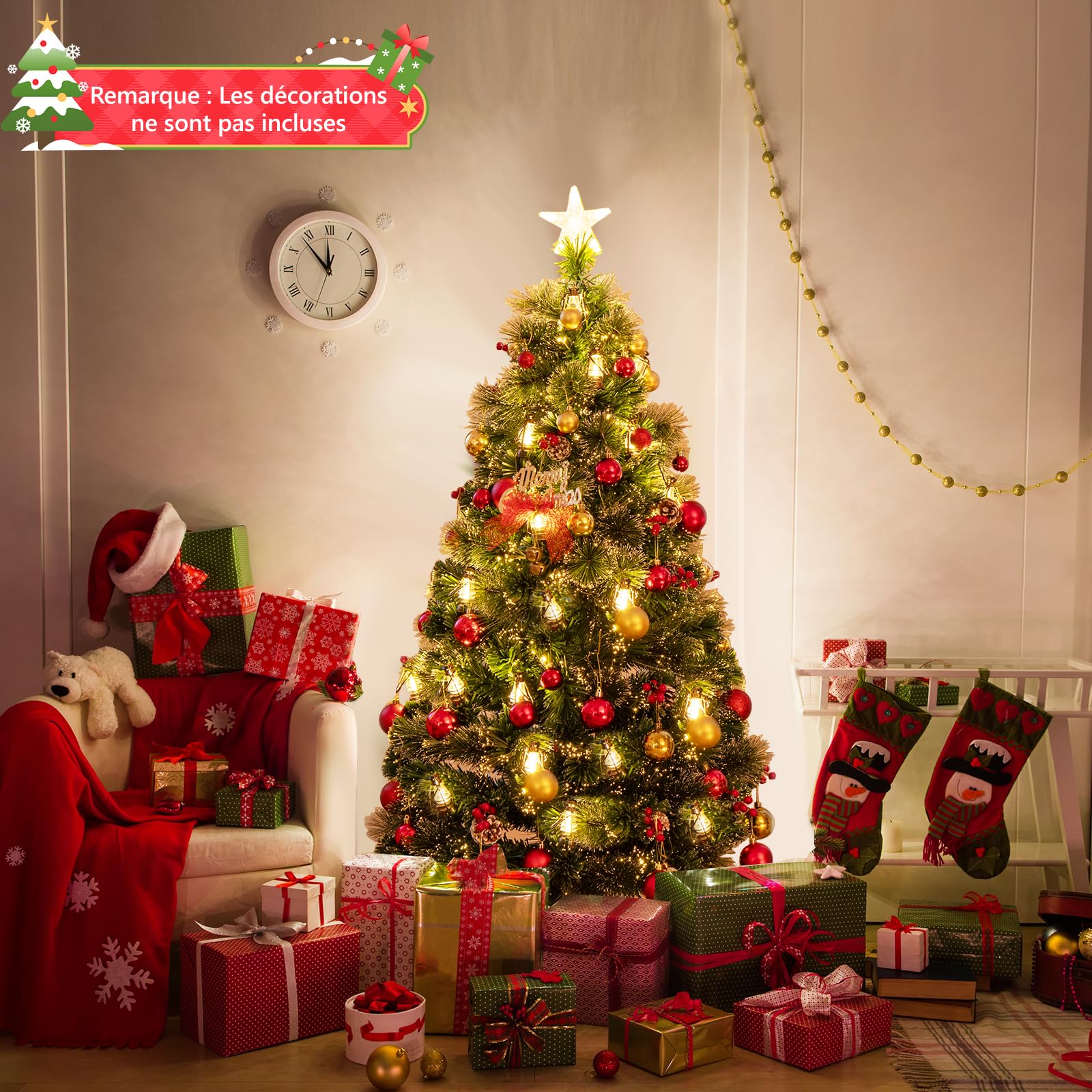GYMAX Sapin de Noël Articiciel 150cm Lumineux, 49 Lumières LED, 8 Modes d'Éclairage, 2 Sections, Pommes de Pin Naturels et Baies Rouges,