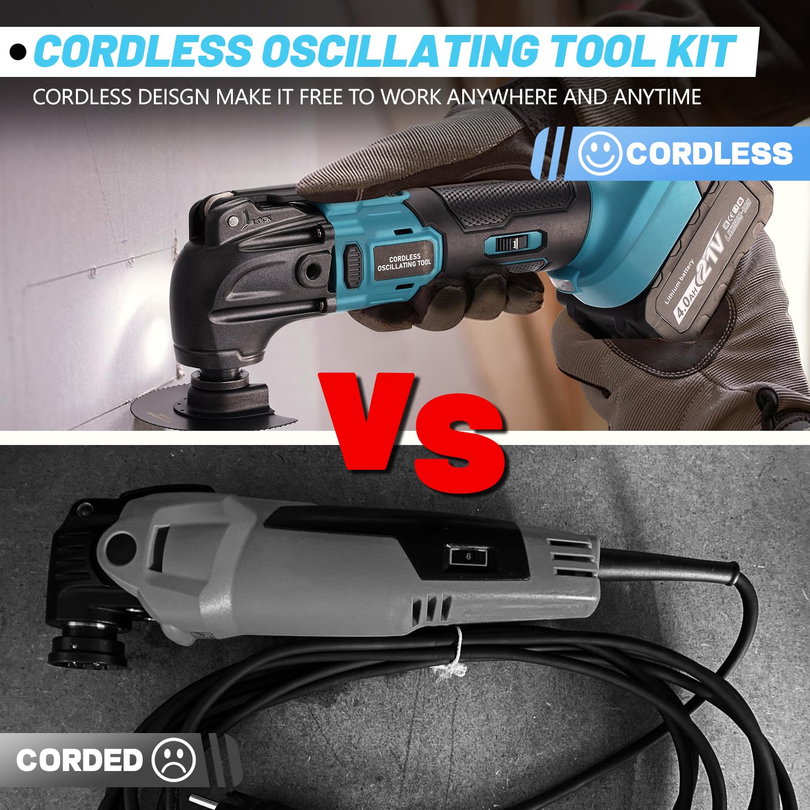 YEARTOP Outil Multifonctions Oscillant Sans fil avec 2 Batteries 21V 4000mAh, Outil Multifonction Brushless 600W, 6 Vitesses (8500-20000 tr/min), Angle 4°, Chargeur et 26 Accessoires