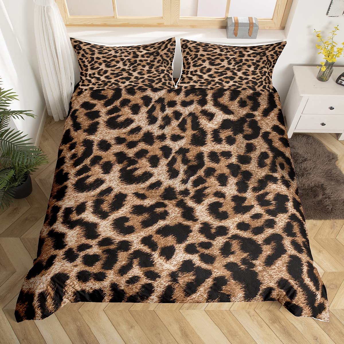 Homemissing Leopard Bedding Set Cheetah Printed Comforter Cover for Kids Girls Women Black Brown Leopard Duvet Cover Africa Wild Animal Pattern Bedspread Cover Luxury Room Decor Single Size