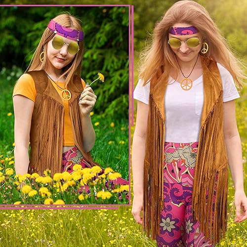 Miniatura 7 de Haull Conjunto de 7 piezas de disfraz hippie de discoteca de los años 60 y 70 para mujer, conjunto de disfraz de Halloween, pantalones bohemios,