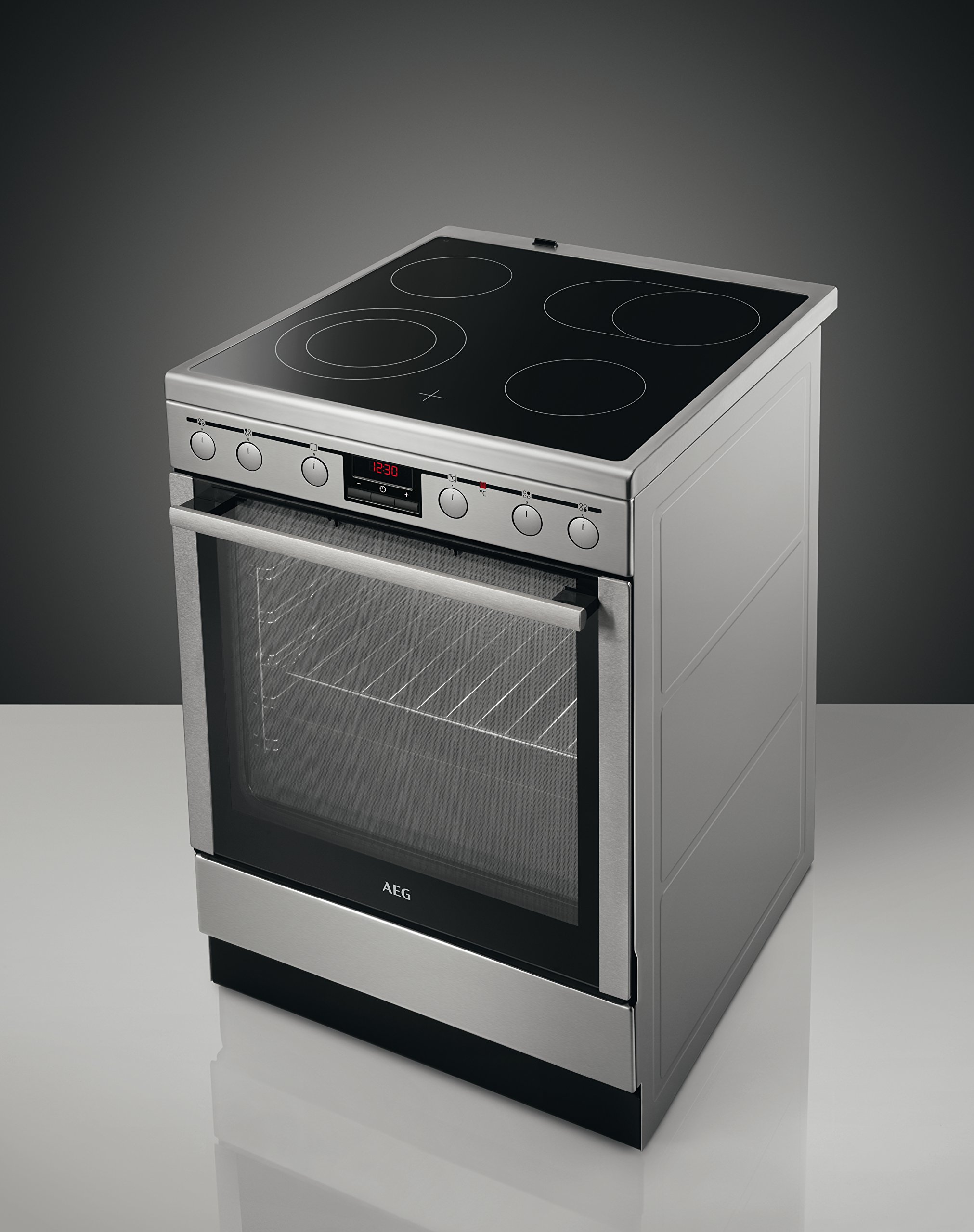 AEG Four électrique autonome 47056VS-MN - 60 cm - Avec plaque de cuisson vitrocéramique - Zones de cuisson avec zone de cuisson et indicateur de chaleur résiduelle - 72 l - Four à air chaud - Affichage de la minuterie - Classe A - Argent et noir