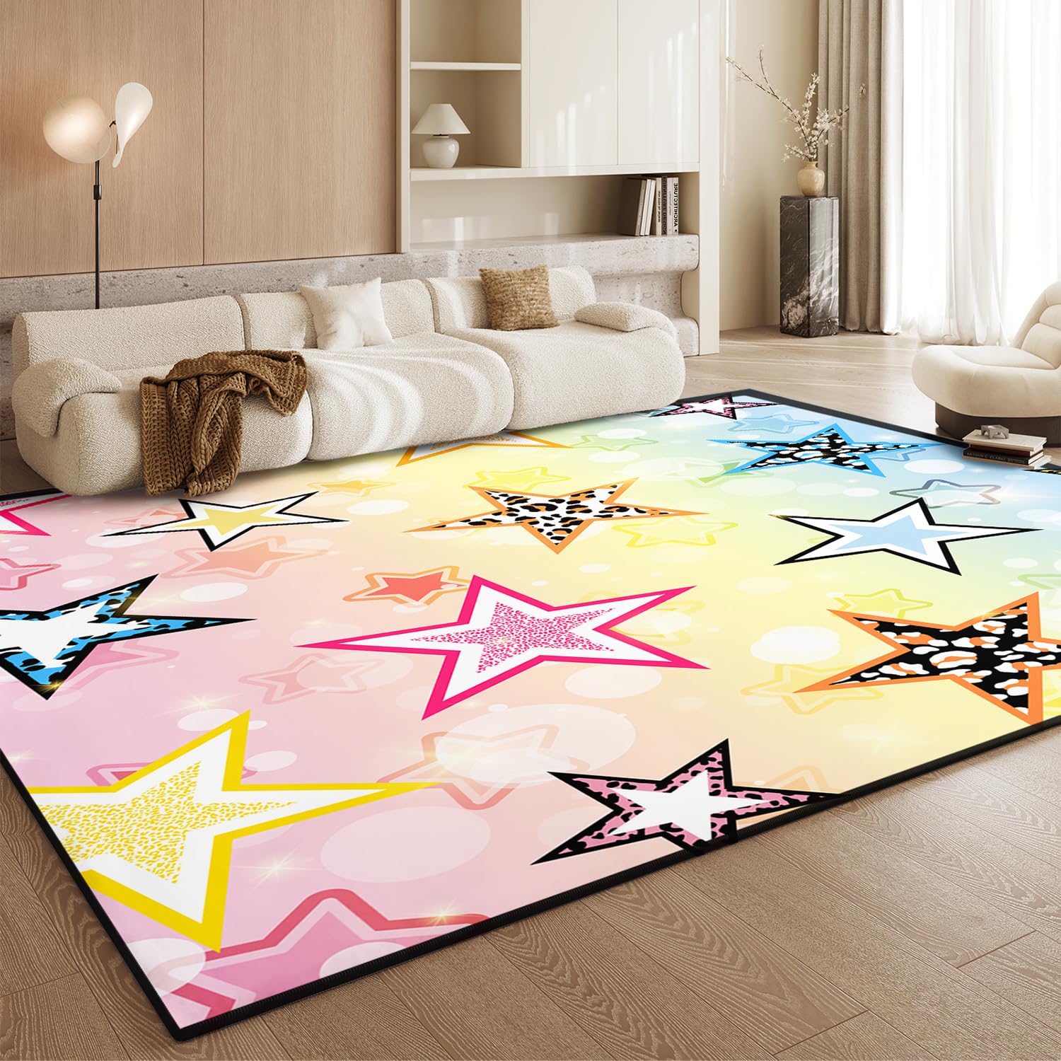 HOSIMA Teppich, Weiche Bodenmatte, Regenbogen-Stern-Druck, Rutschfeste Schlafzimmer Matte, Kurzflor Flauschige Matte, Waschbar, 150x200 cm, Stern