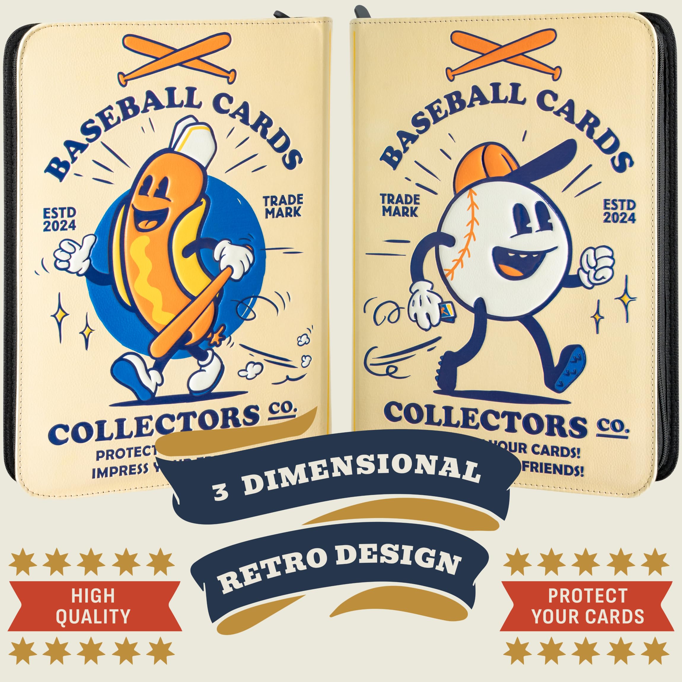 Raccoglitore per carte da baseball, album a 9 tasche con cerniera, 360 tasche laterali per carte collezionabili da baseball, in pelle PU 3D con design vintage, funziona con Topps, Bowman, Panini...