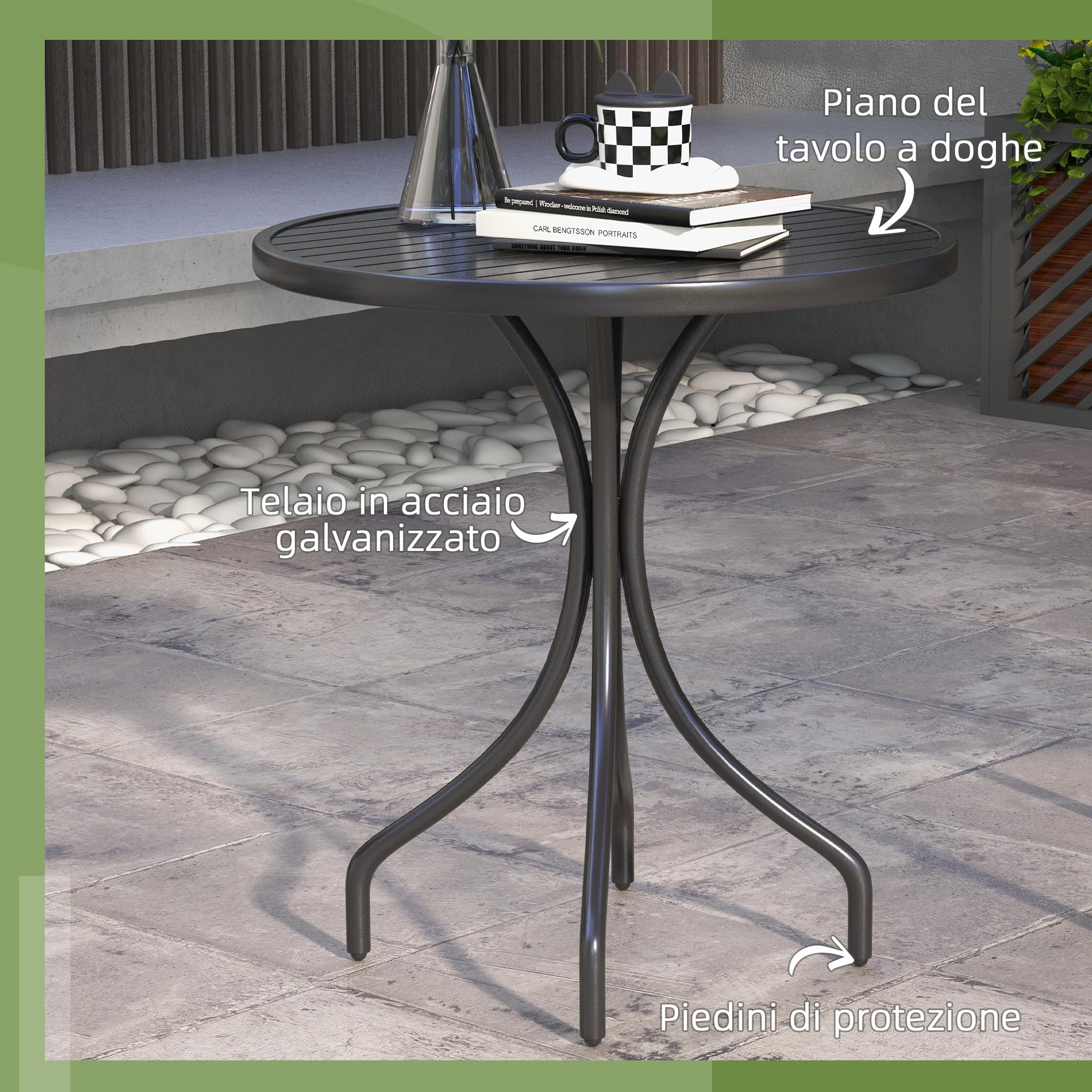 Outsunny Tavolo da Giardino Rotondo Ø66cm, Tavolo da Esterno, Nero | in Acciaio, Piano a Doghe, per Balcone e Terrazza