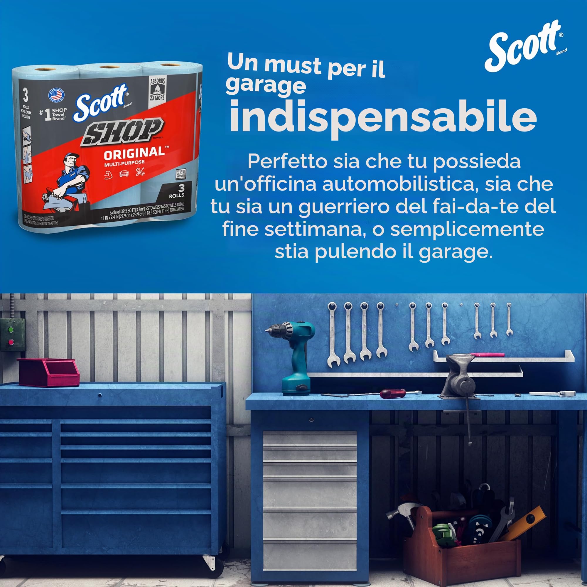 Scott Shop Towels Original (75143), blu, 55 fogli/rotolo standard, 30 rotoli/custodia (10 pacchi di 3 rotoli), 1.650 asciugamani/custodia